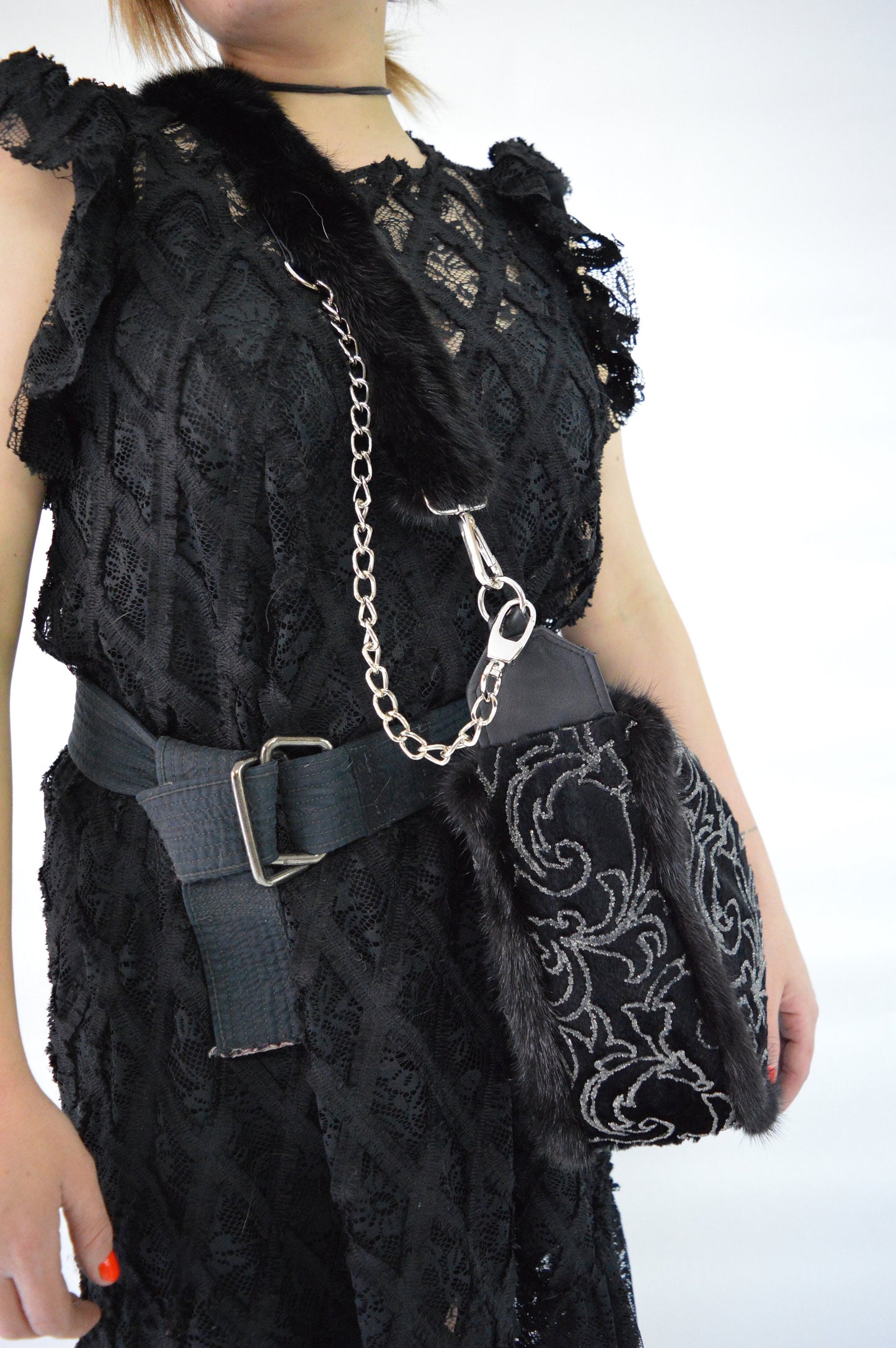 Embroidered Rabbit Fur Shoulder Bag, Mink Trim, Leather Chain Strap