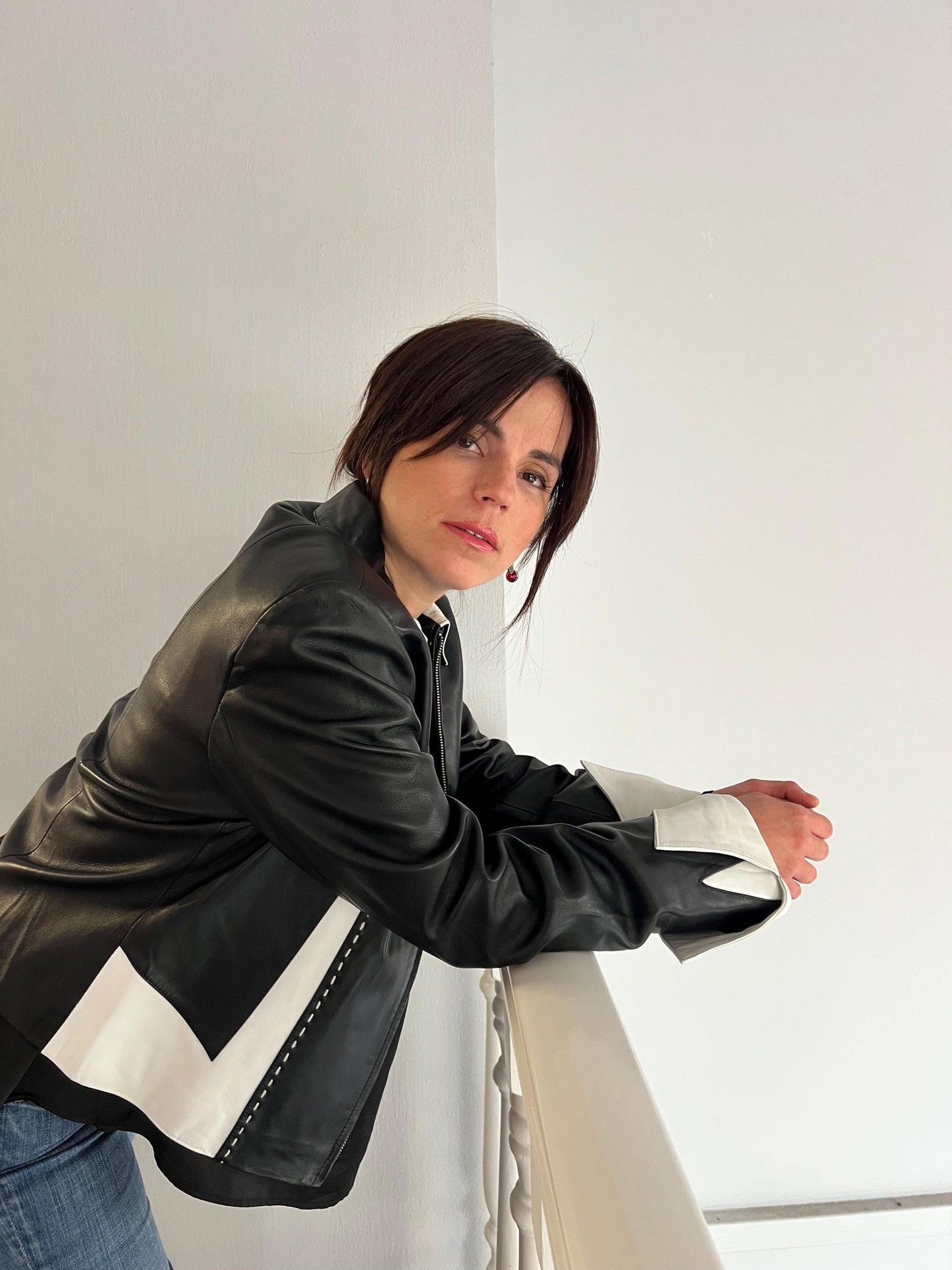 Handmade Lambskin buttery Leather Jacket: Black & White Nappa, Medium