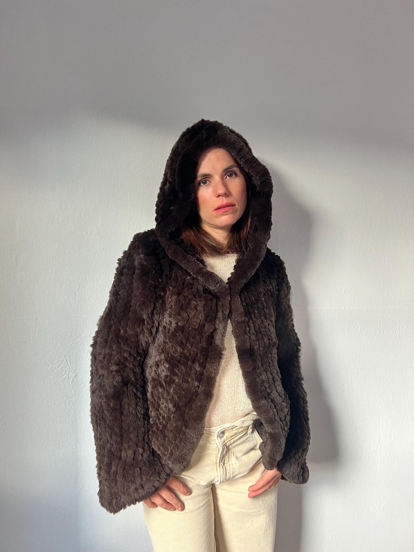 Handwoven Black Rabbit Fur Hooded Jacket - Frog Closure