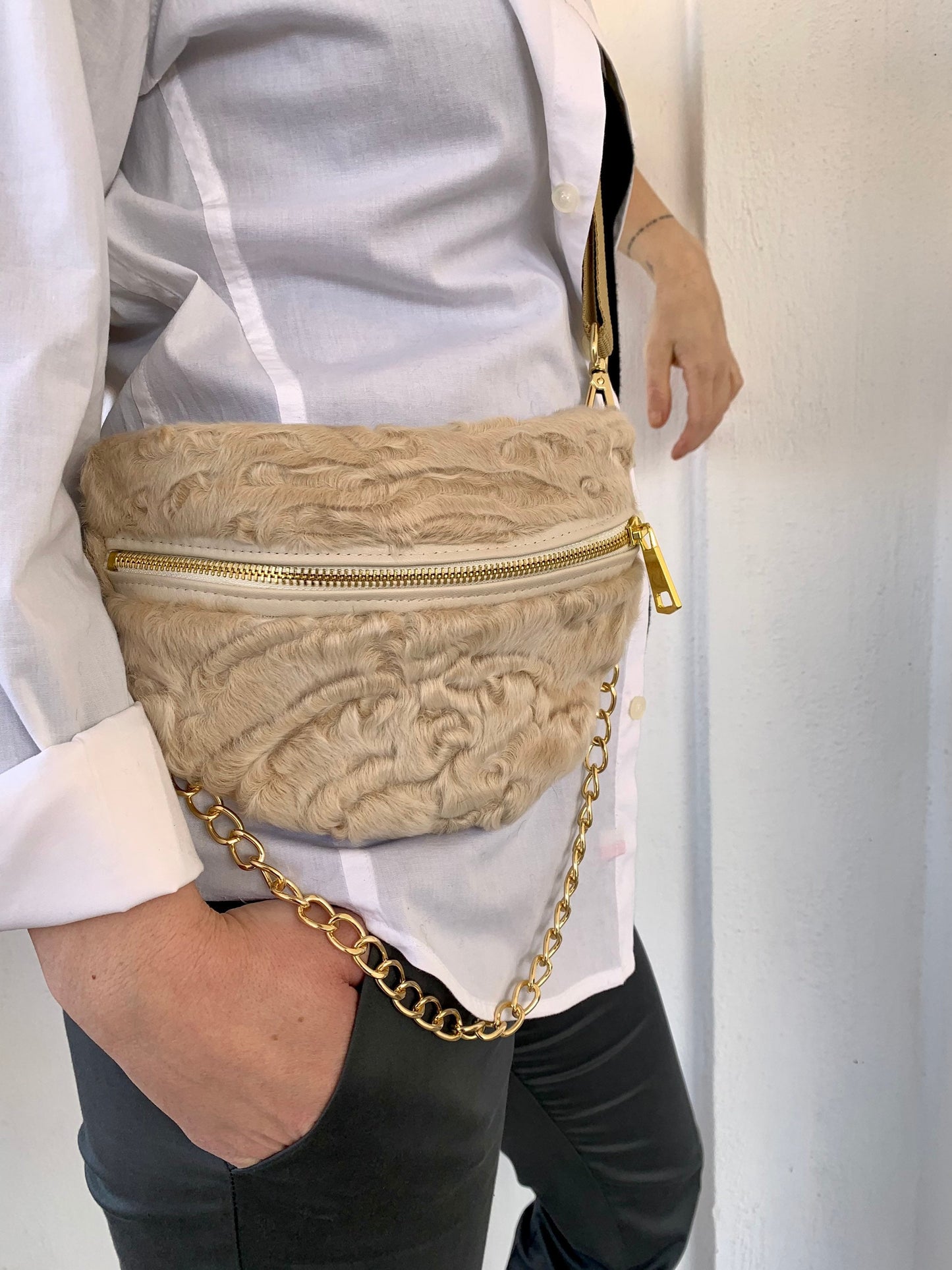 Beige Swakara Fur Bumbag with Chain: Luxury Waist Bag