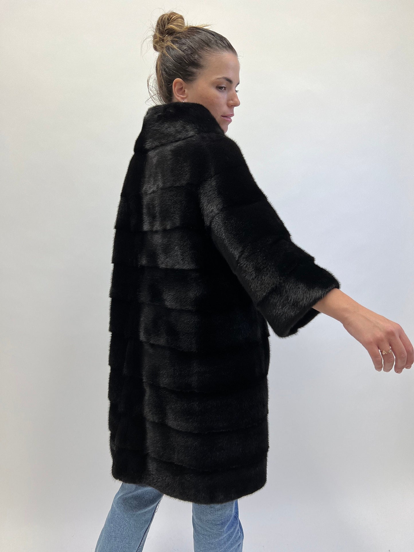 Real Mink Fur Coat: Black Horizontal Full Skin Jacket