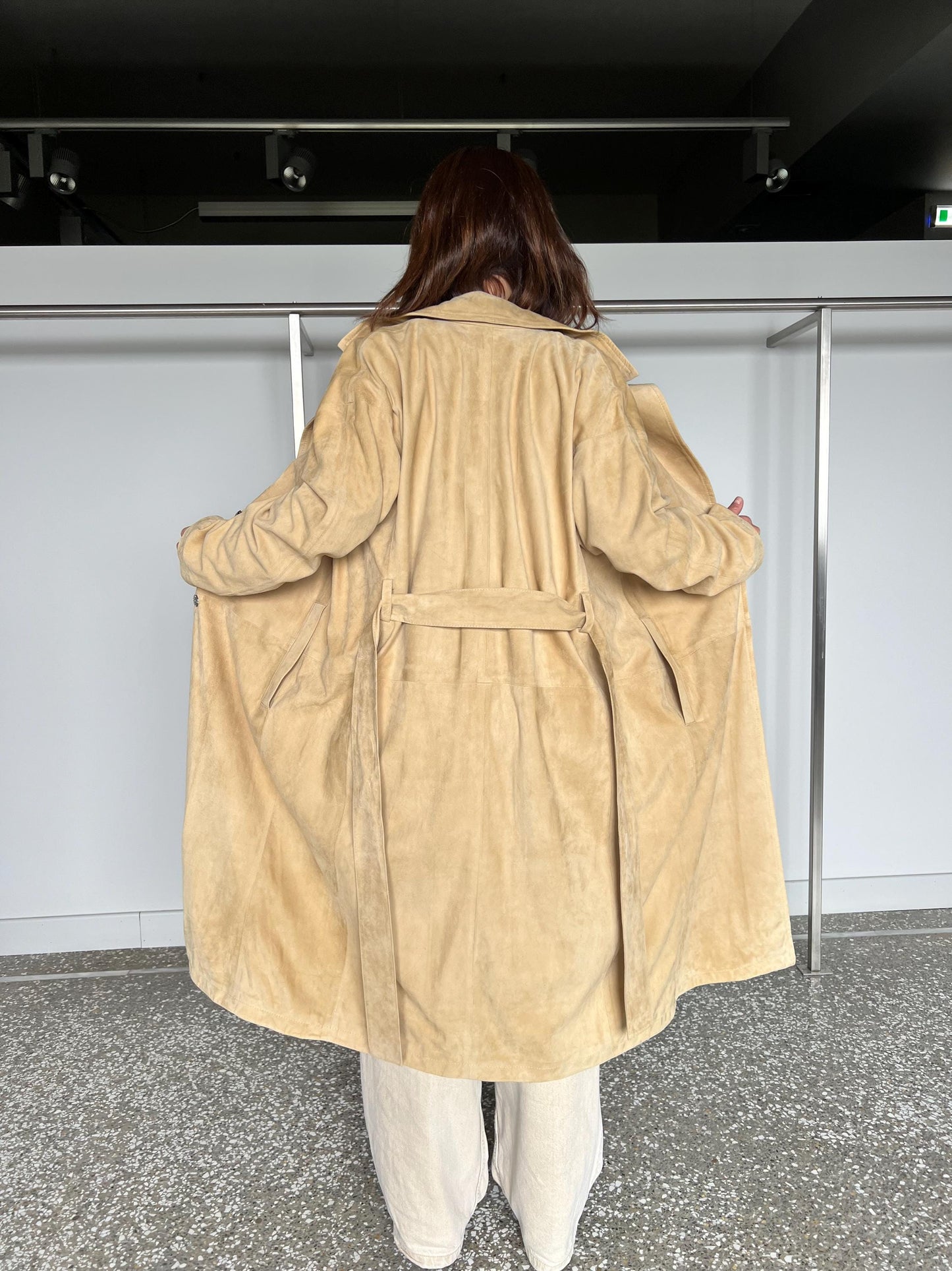 Handmade Beige Suede Leather Coat: Distressed Genuine Leather, Size Large
