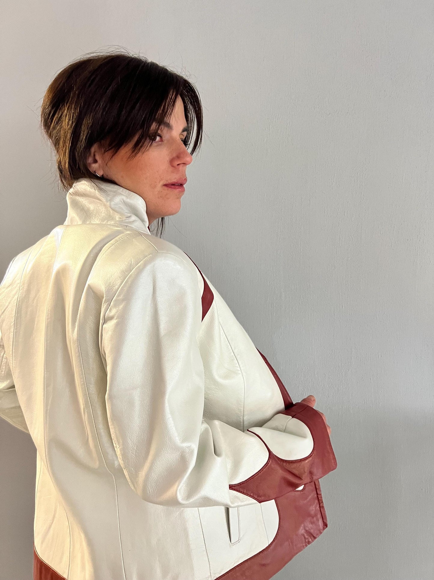 Handmade Lambskin Leather Jacket: Cream White Nappa with Bordeaux Details (XS)