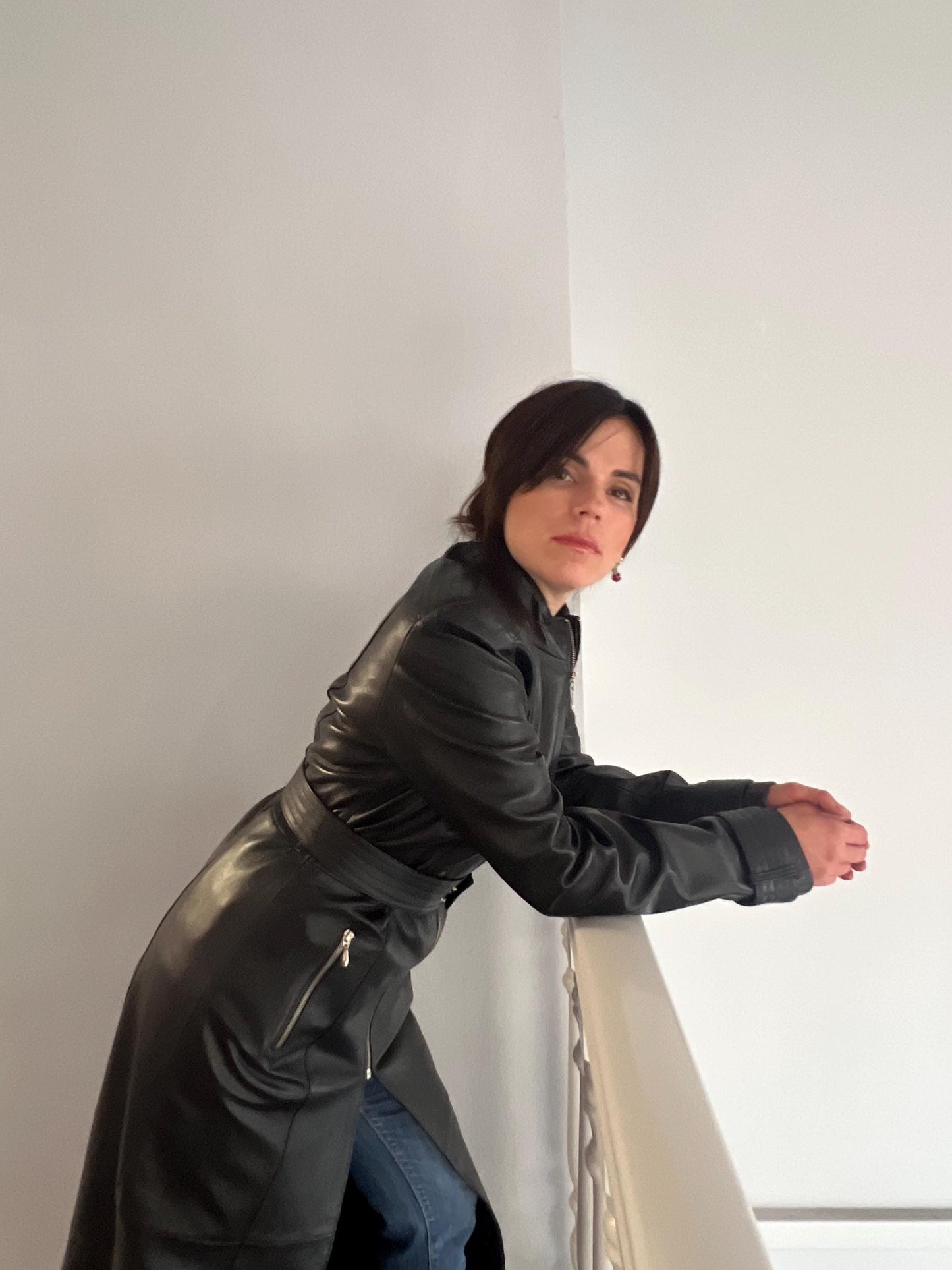 Handcrafted buttery Nappa Leather Coat with zippers and belt: Full Length Black Overcoat.