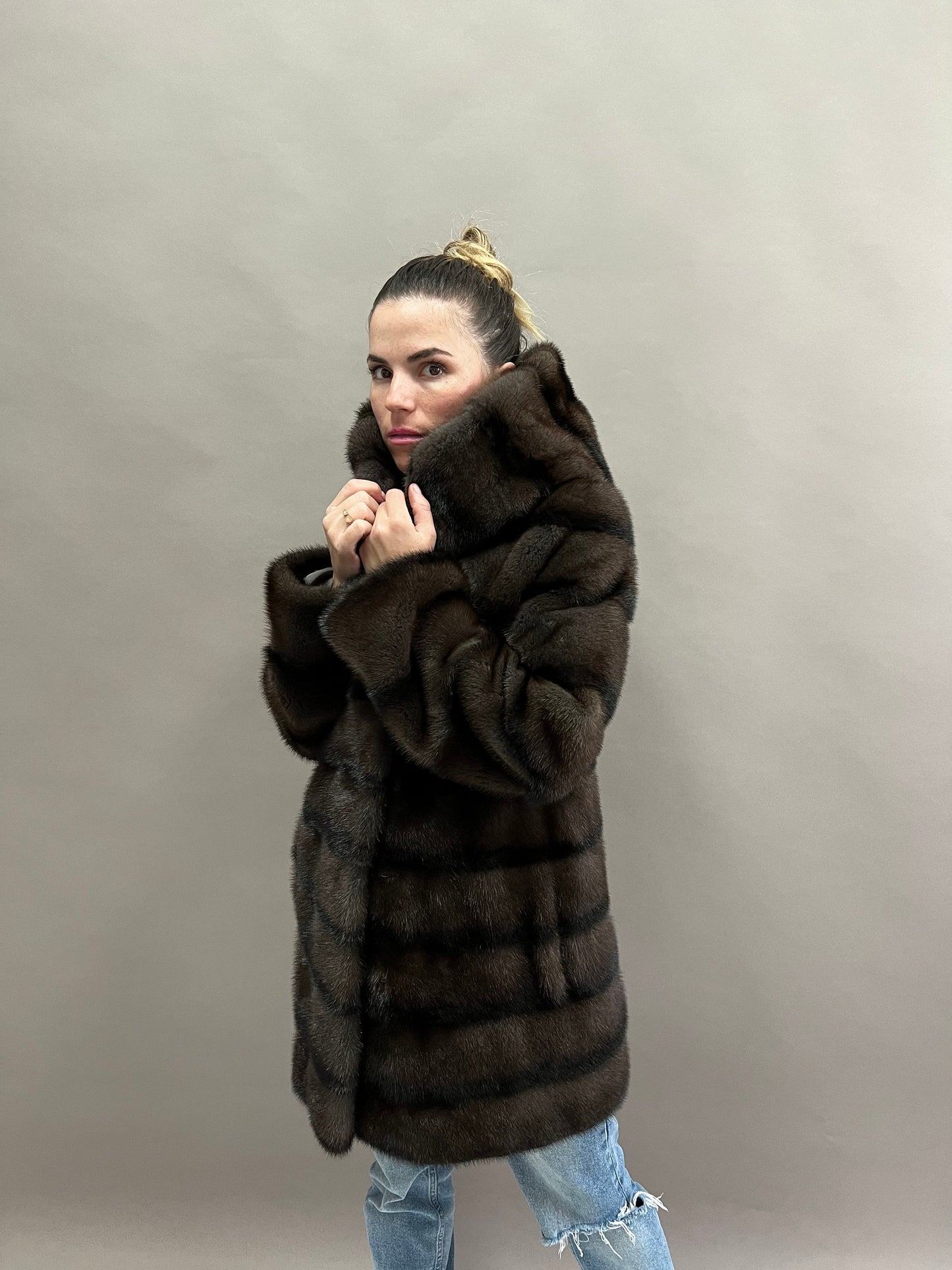Aurora Brown Mink Fur Hooded Coat: Handmade Luxury Jacket