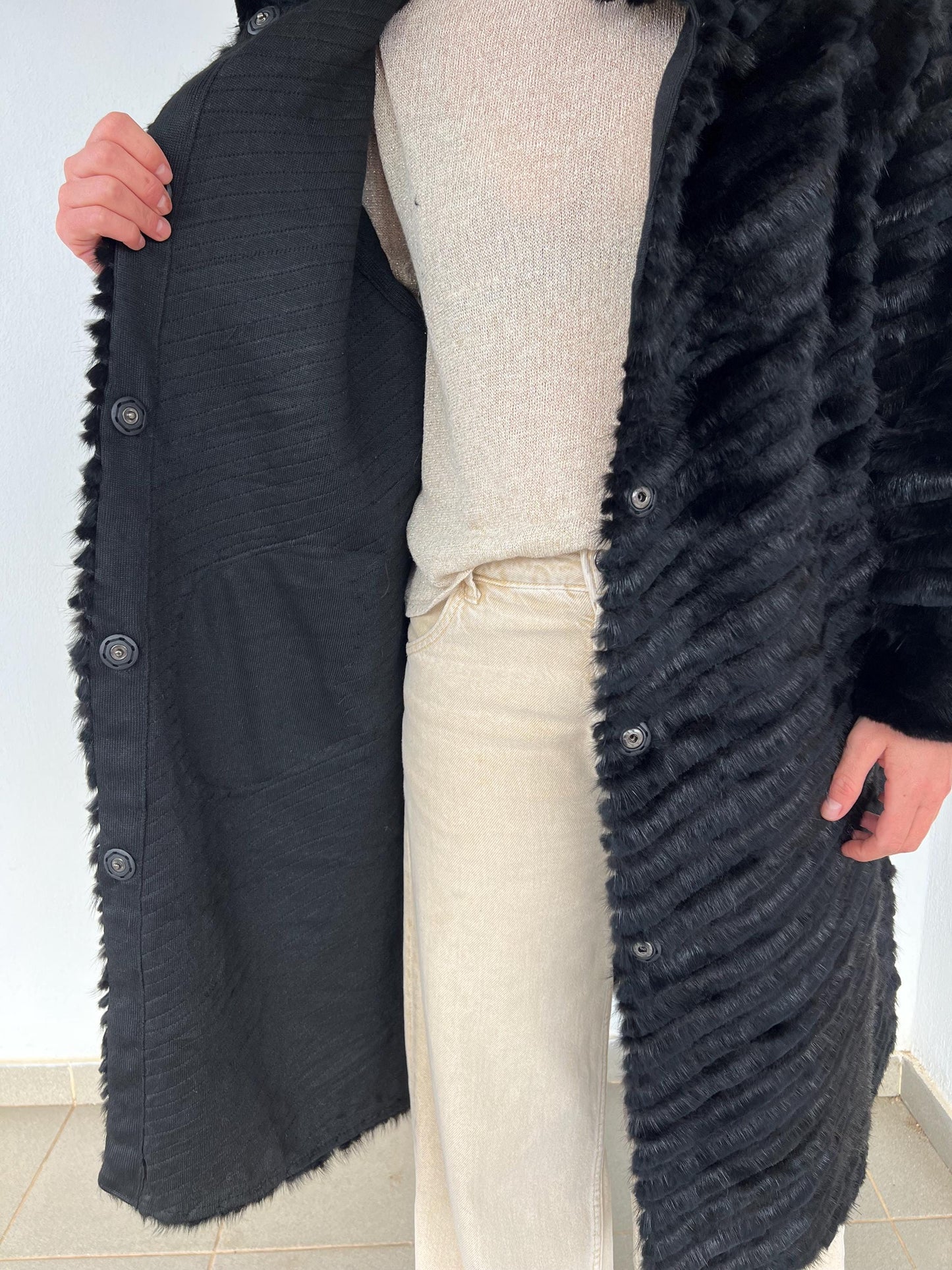Handwoven Black Mink Fur Coat - Wool Lined Jacket