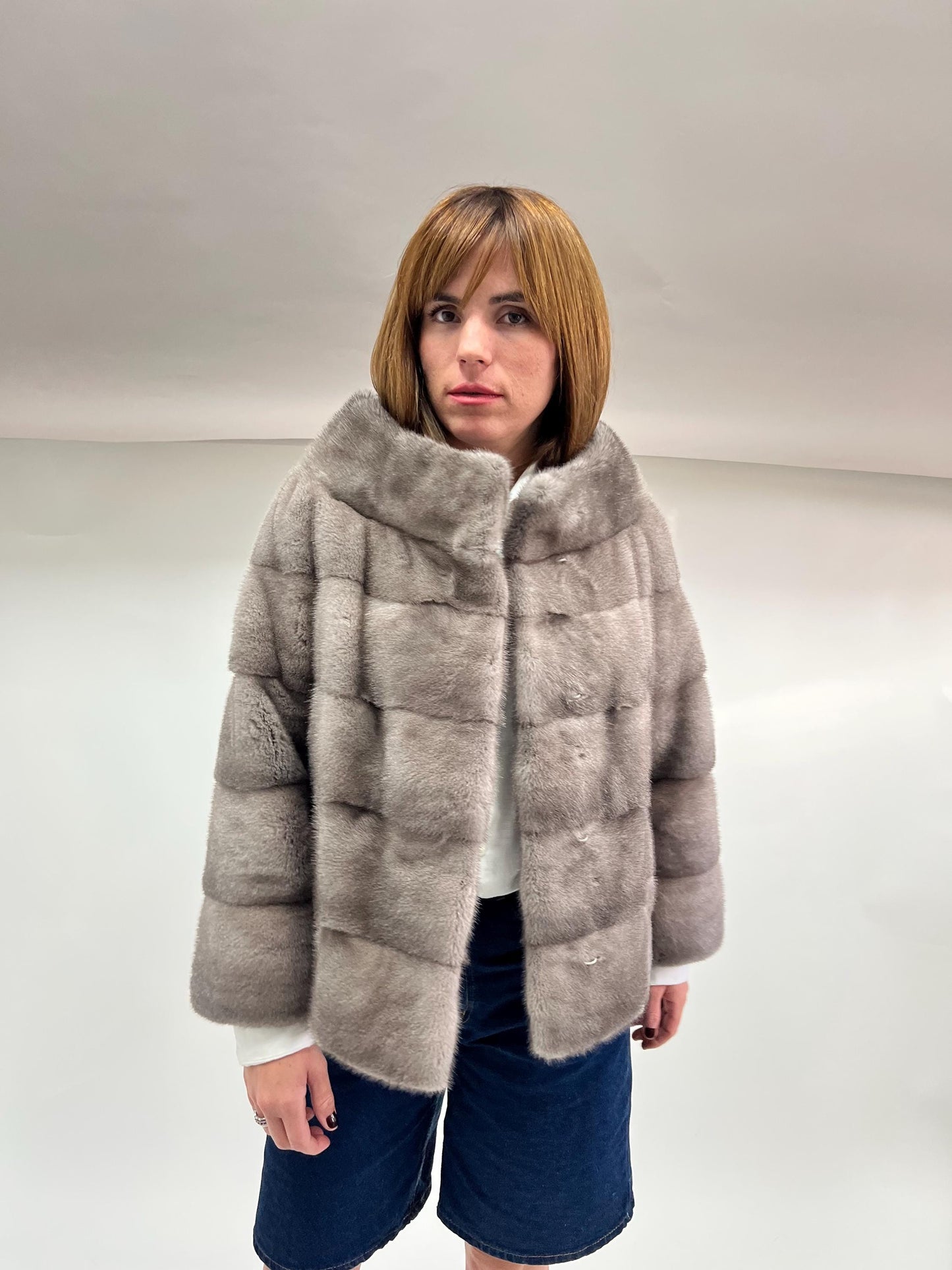 Real Silver Mink Fur Stroller Coat - High Collar, Luxury Gift