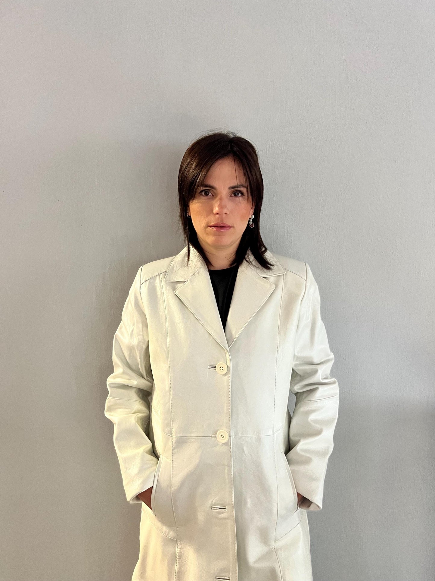 Handmade Nappa Lambskin Leather Coat: White Pearl Button-Down