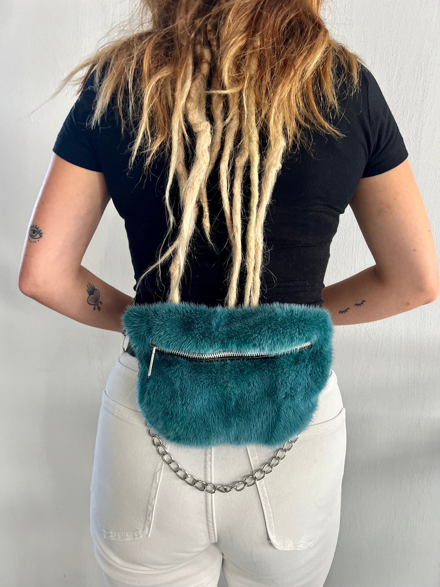 Real Mink Fur Bumbag: Petrol Fanny Pack with Chain