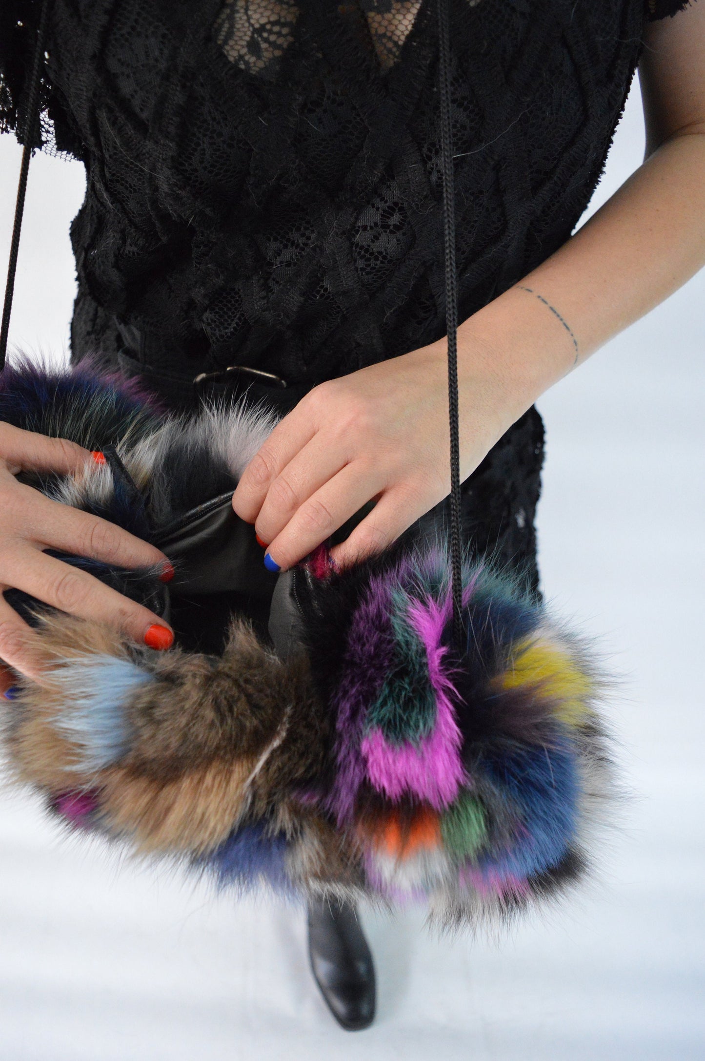Multicoloured Fox Fur Hand Muff: Luxury Warmer with Pocket