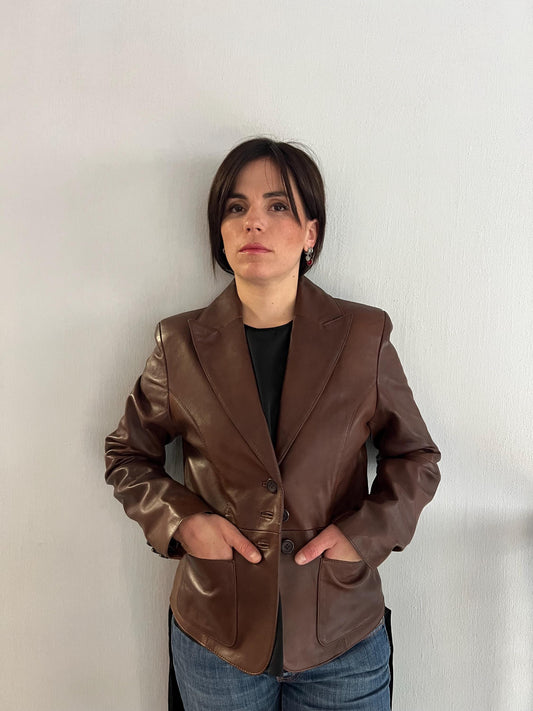 Handmade Nappa Lamb Leather Jacket in choco Brown - Fitted leather blazer with button closure.