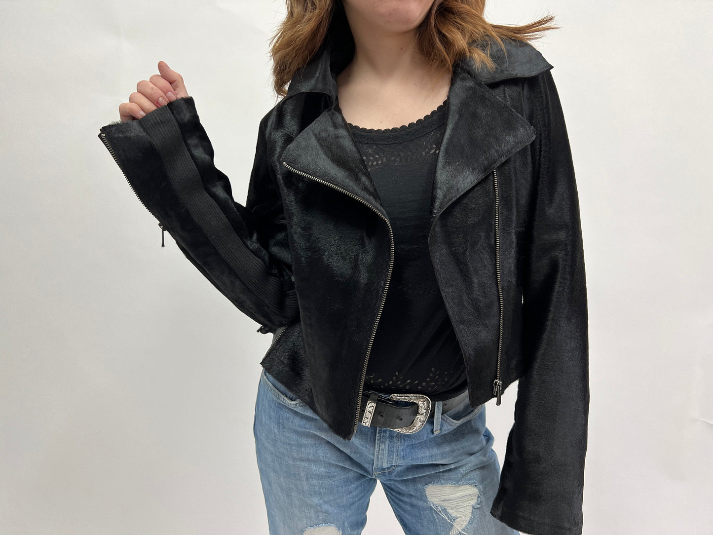 Genuine Cavallino Fur Biker Jacket: Hair-On Calf Leather, Lightweight Spring Coat