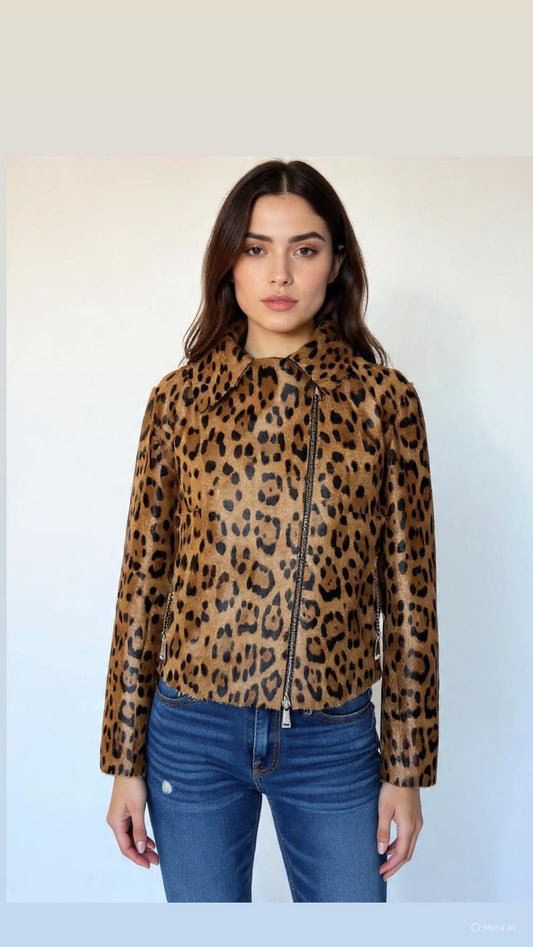 Handmade Cheetah Print Calf Fur Biker Jacket: Genuine Leather