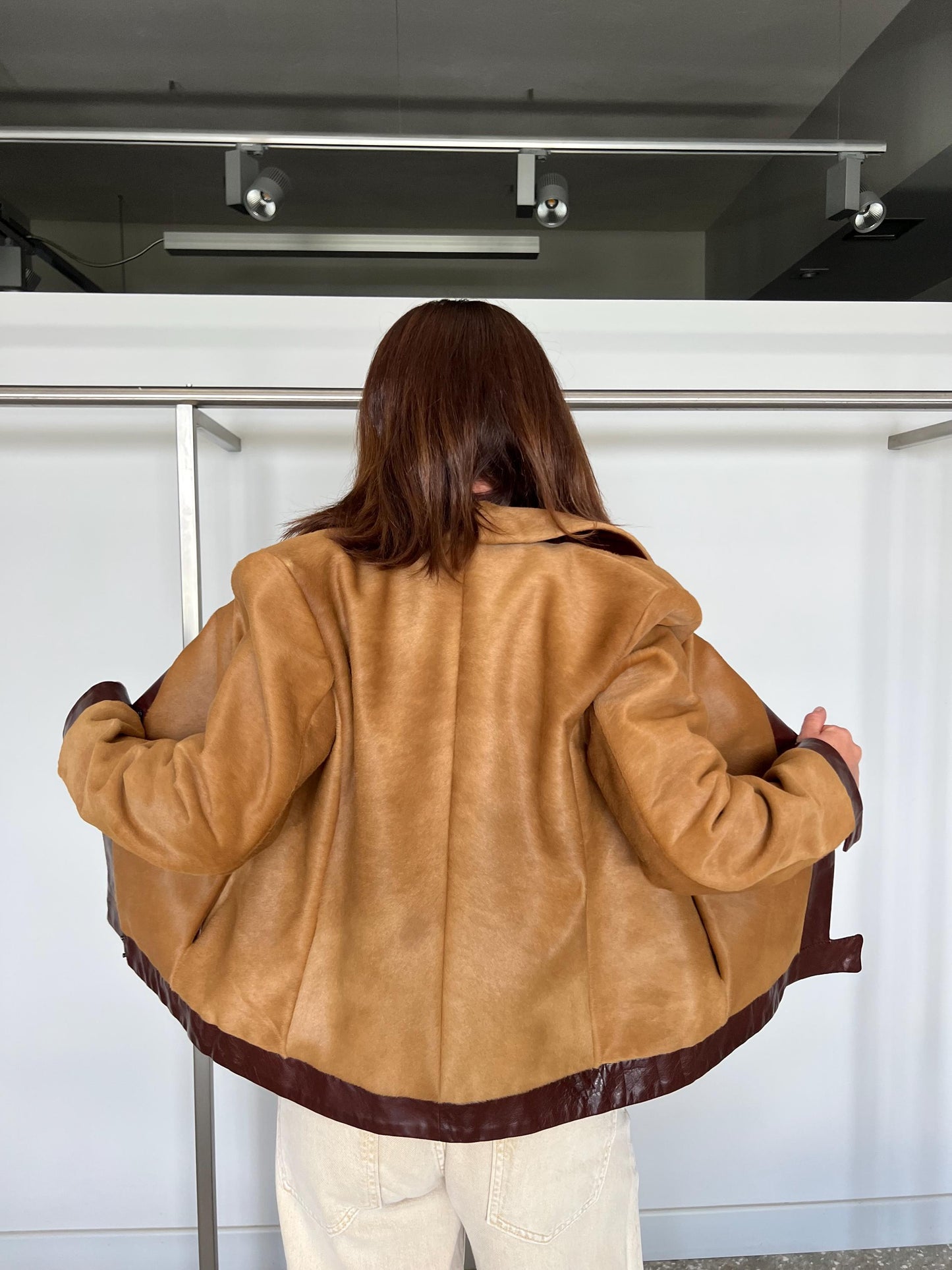 Camel and Burgundy Hair-On Calf Hide Leather Jacket - Handmade in Greece