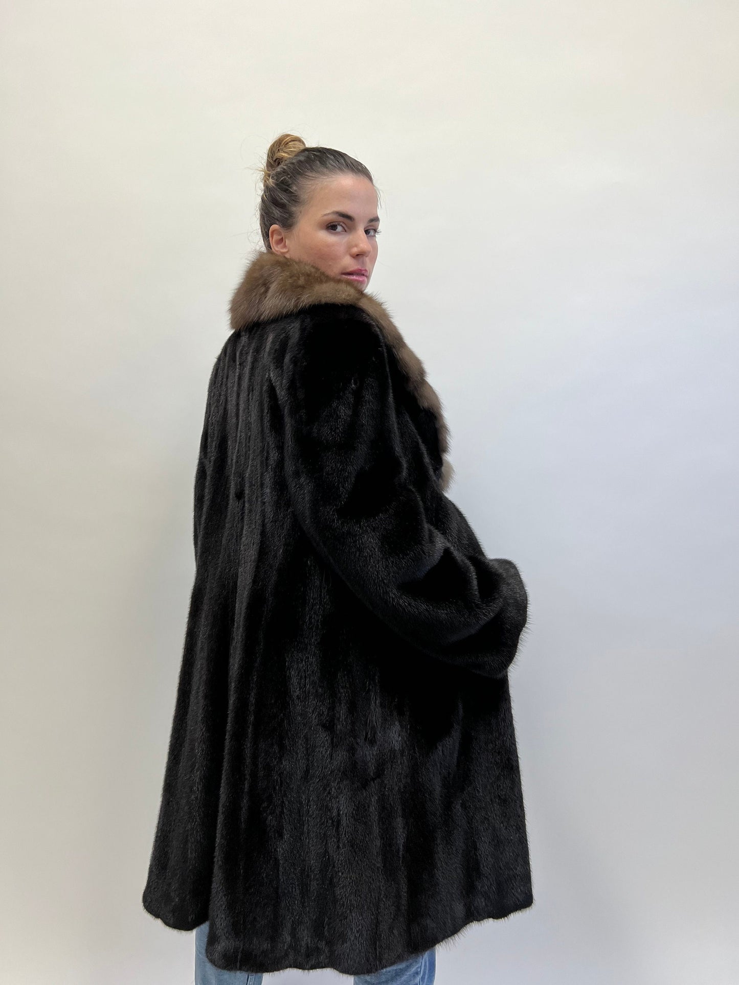 Handmade Black Mink Fur Long Coat with Sable Collar