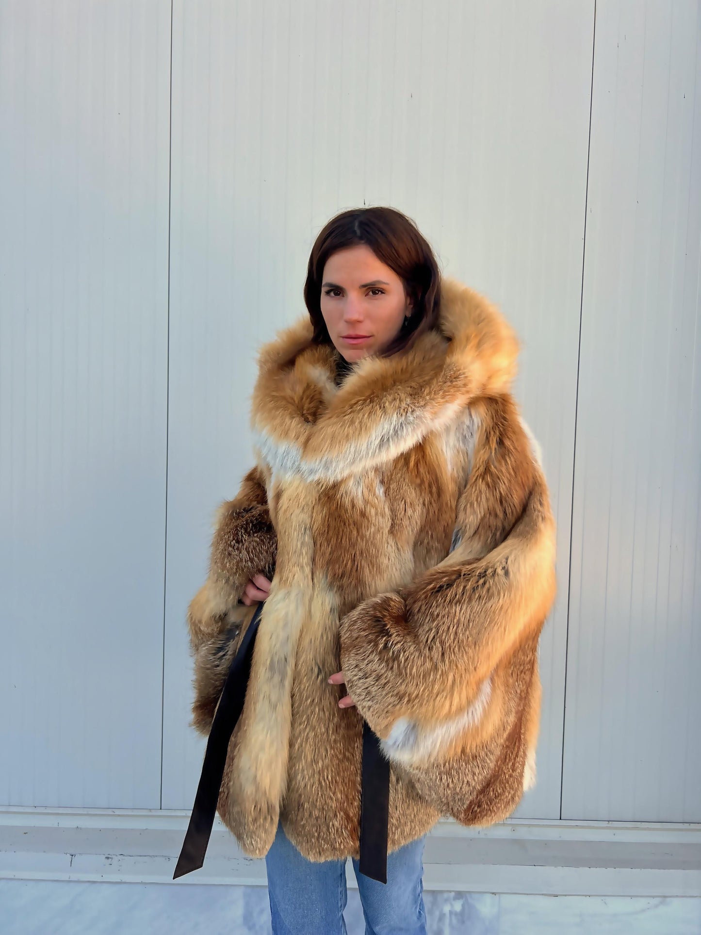 Red Fox Fur Cape with Hood: Handmade Leather Belt Closure