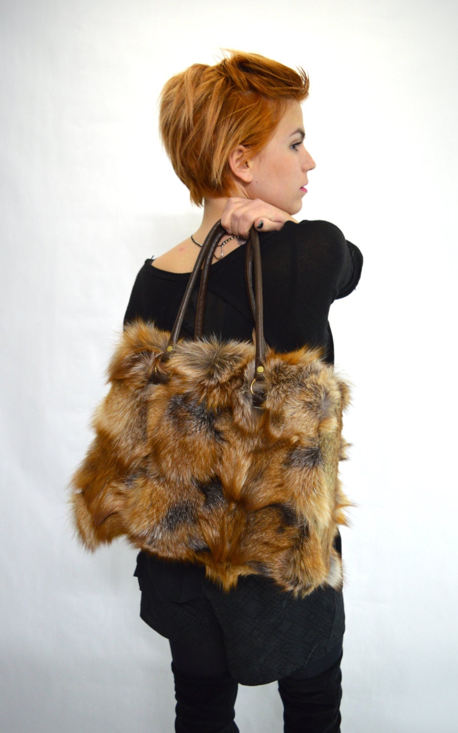Genuine Crystal Fox Fur Handbag: Leather tan brownshoulder Bag
