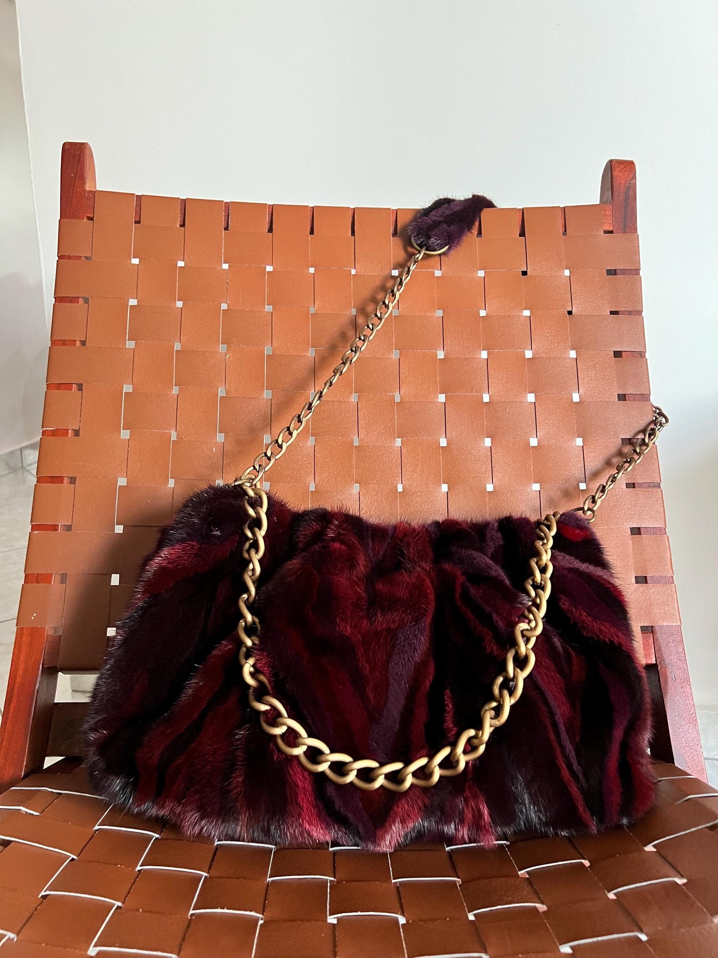 Handmade Mink Fur Slouchy Shoulder Bagin Burgundy : Luxury Cross-body Purse in army shades.