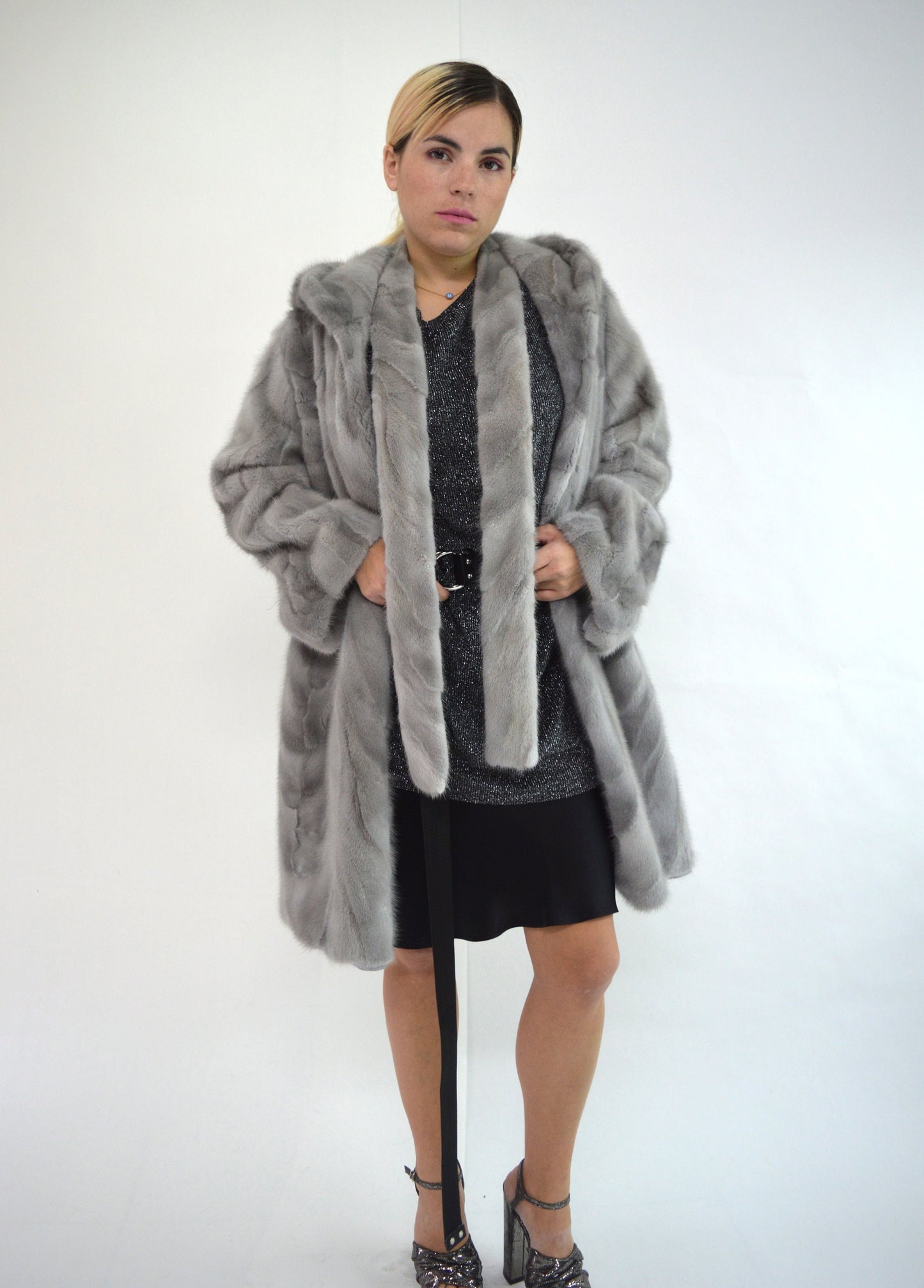 Sapphire Mink Fur Stroller Coat: Hooded Gray Mink Belted Jacket
