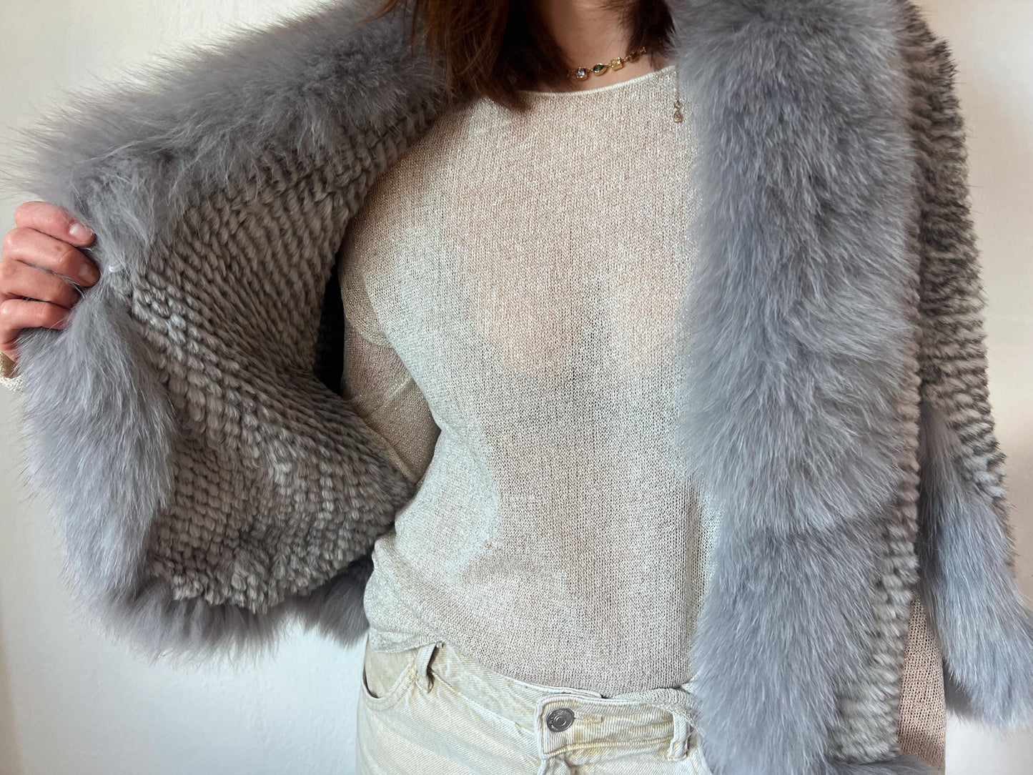 Handwoven Mink Fur Cape with Fox Fur Trim - Light Gray Poncho