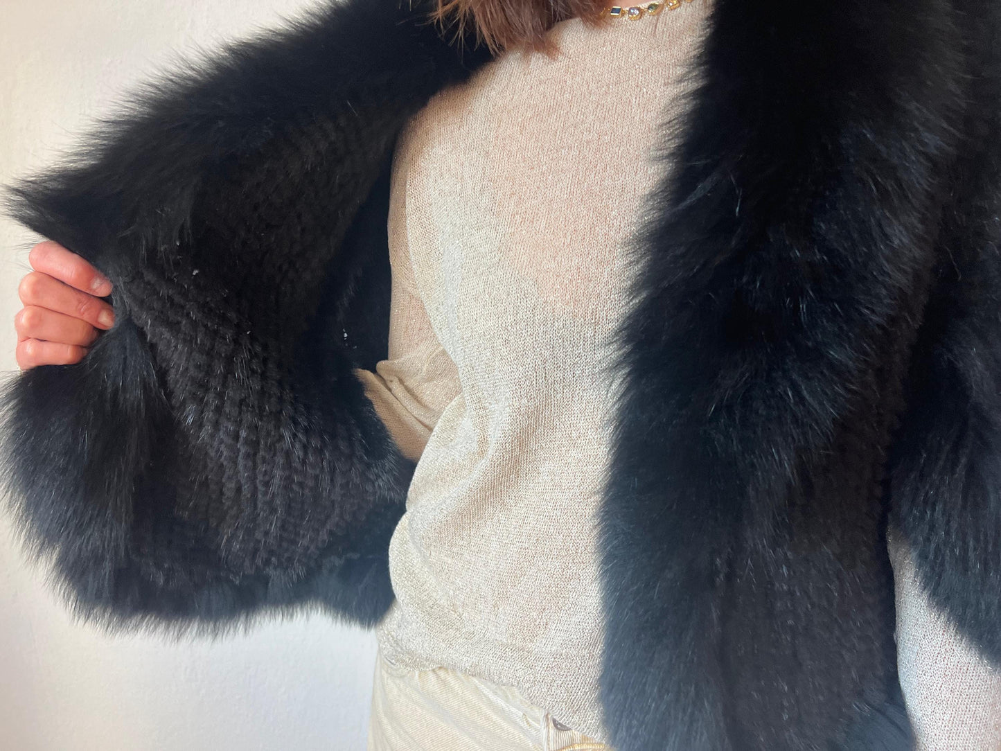 Handwoven Black Mink Fur Cape with Fox Trim - Made in Greece