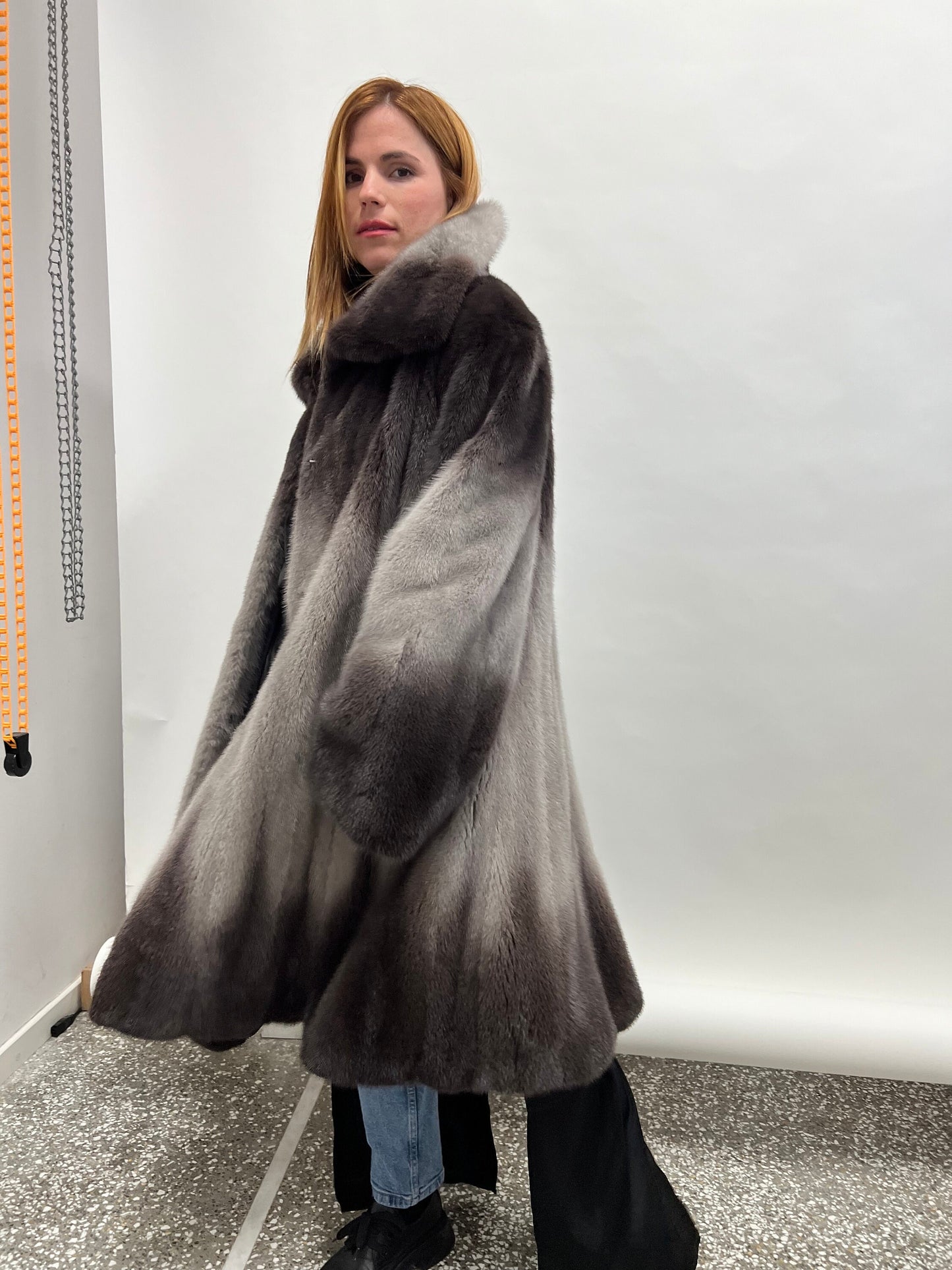 Saga Fur Mink Coat: Degrade Silver Graphite, Size 2XL