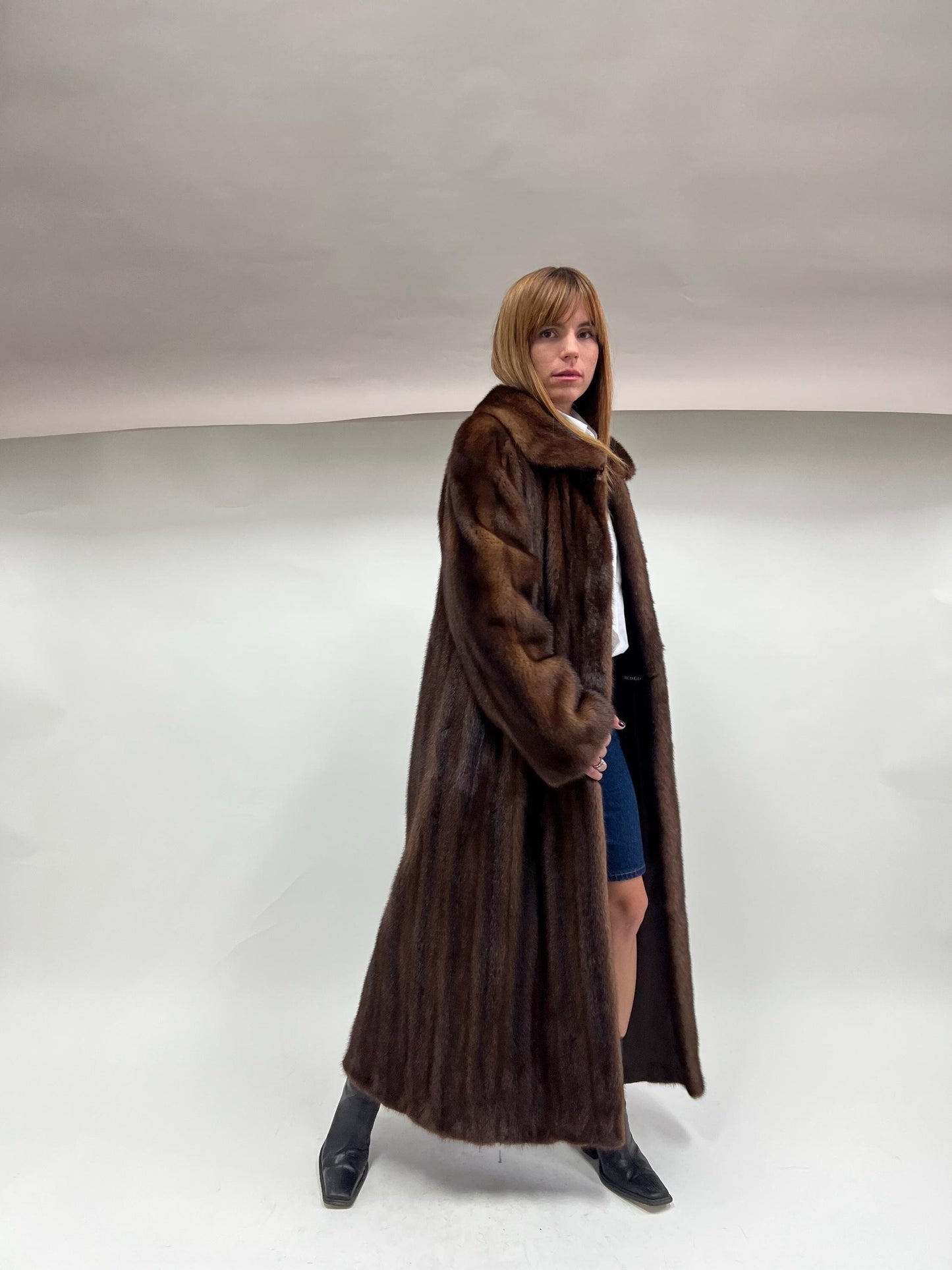 Demi Buff Mink Fur Coat: Long Collared Stroller, Handmade in Greece