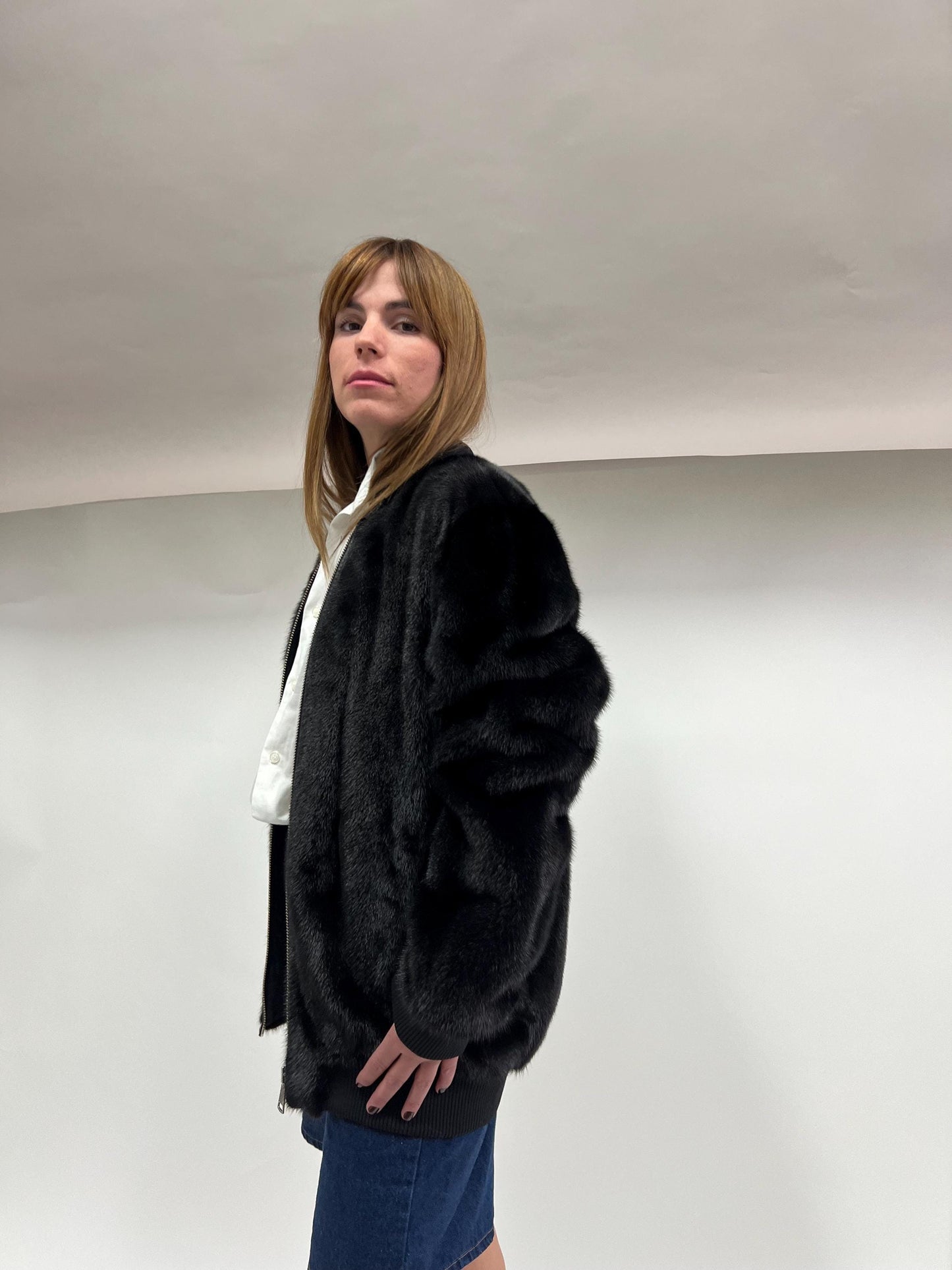Real Mink Fur Bomber Jacket: Velvet Black, Elastic Hem