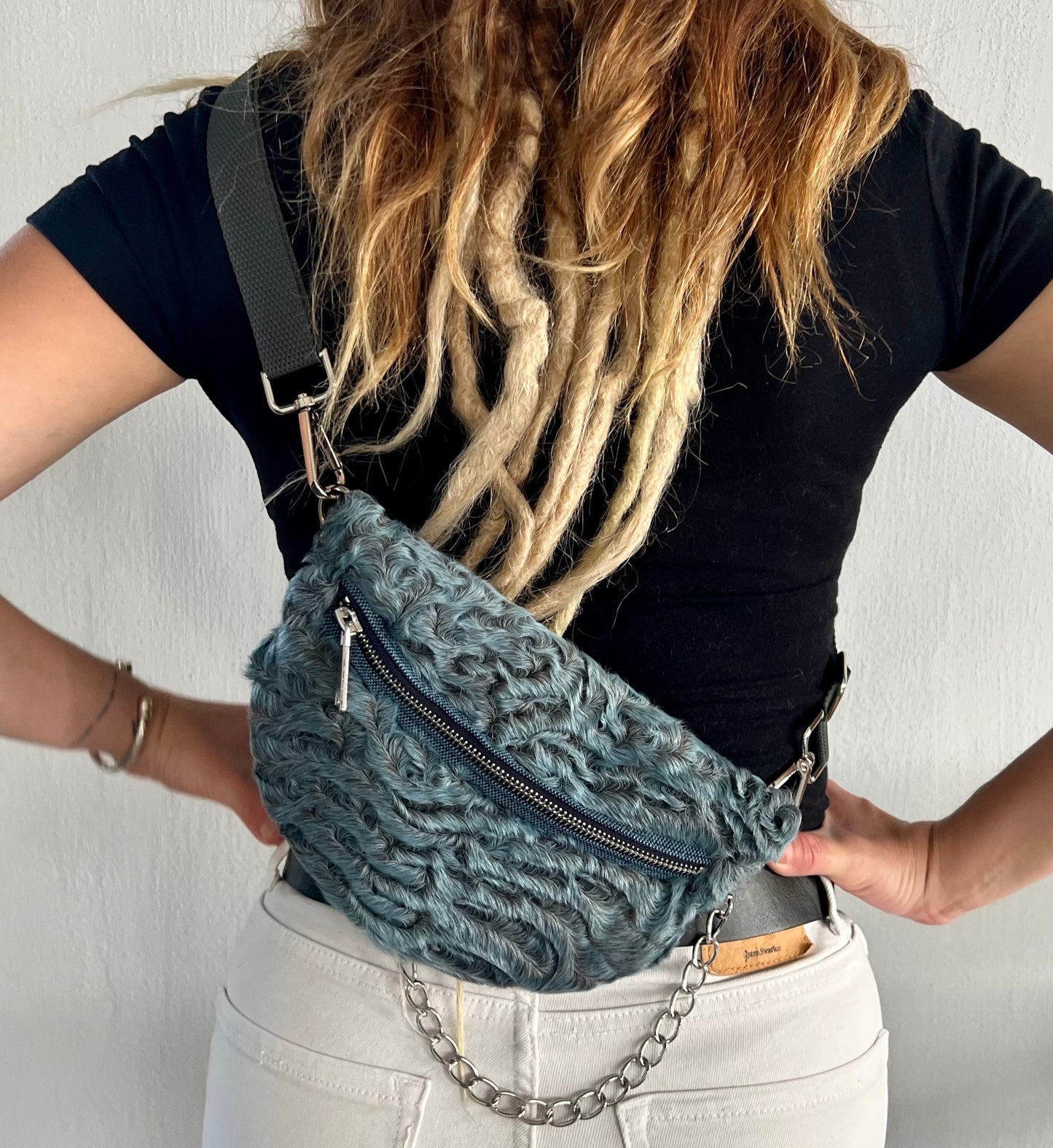 Gray Mink Fur Bumbag with Chain: Handmade Leather Fanny Pack
