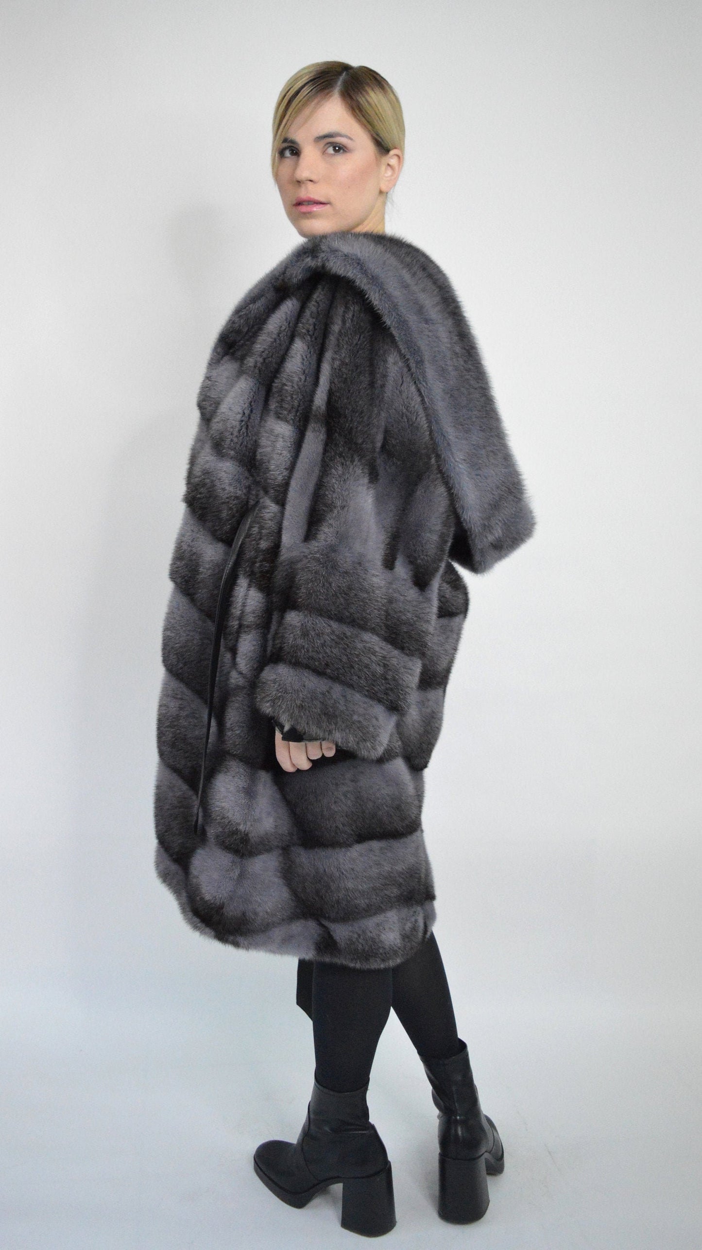 Gray Mink Fur Kimono Coat: Hooded Black Cross Dyed Stroller,oversized with Leather Belt