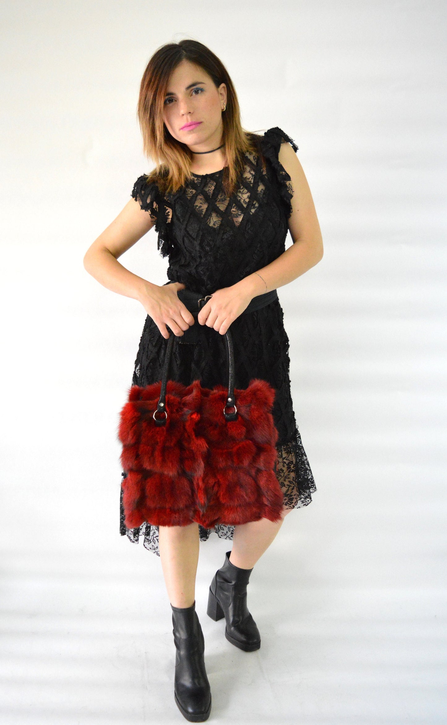 Red Fox Fur Handbag: Genuine Leather shoulder Bag in red.