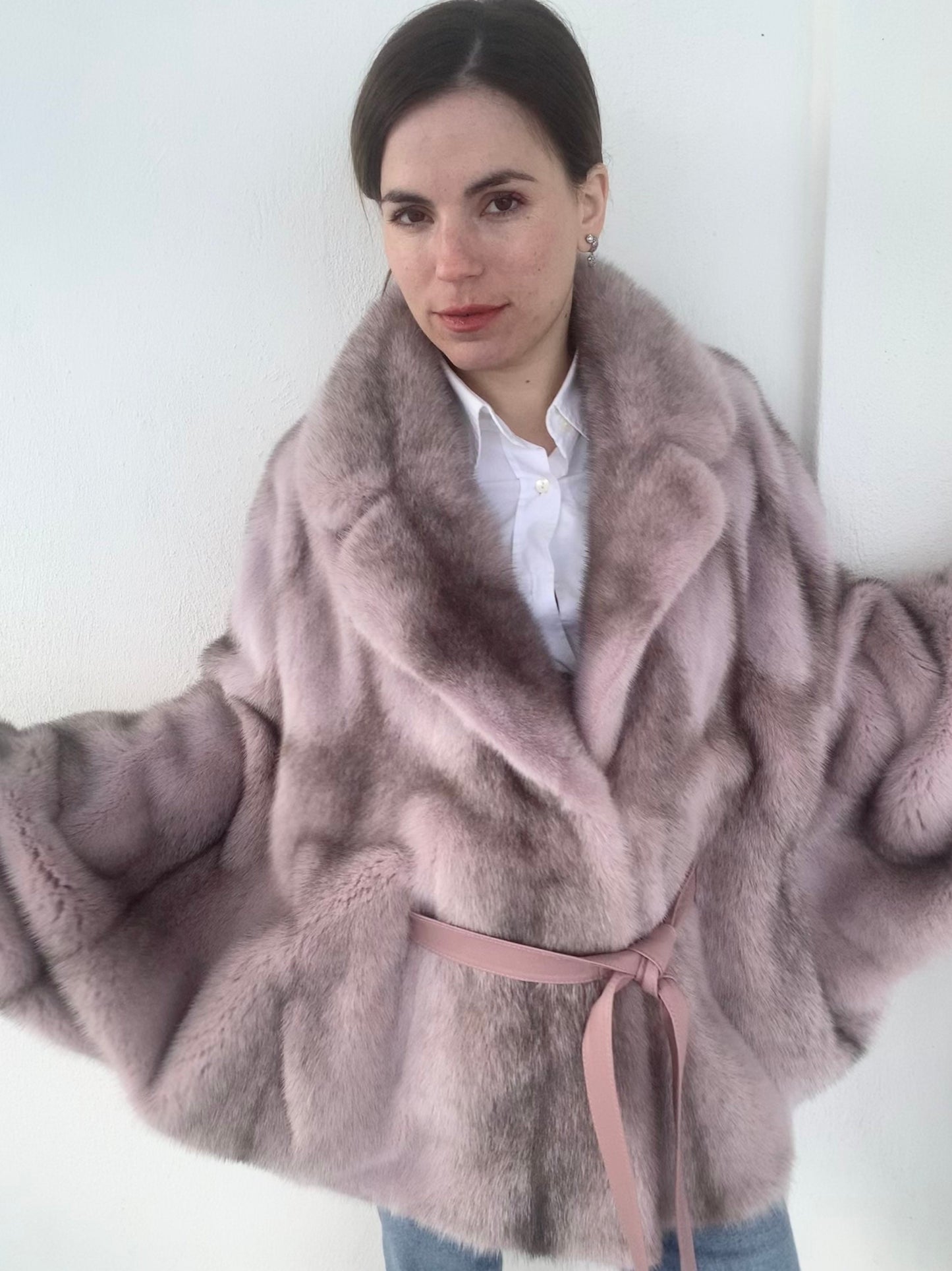 Pink & Black Cross Mink Fur Cape with Leather Belt