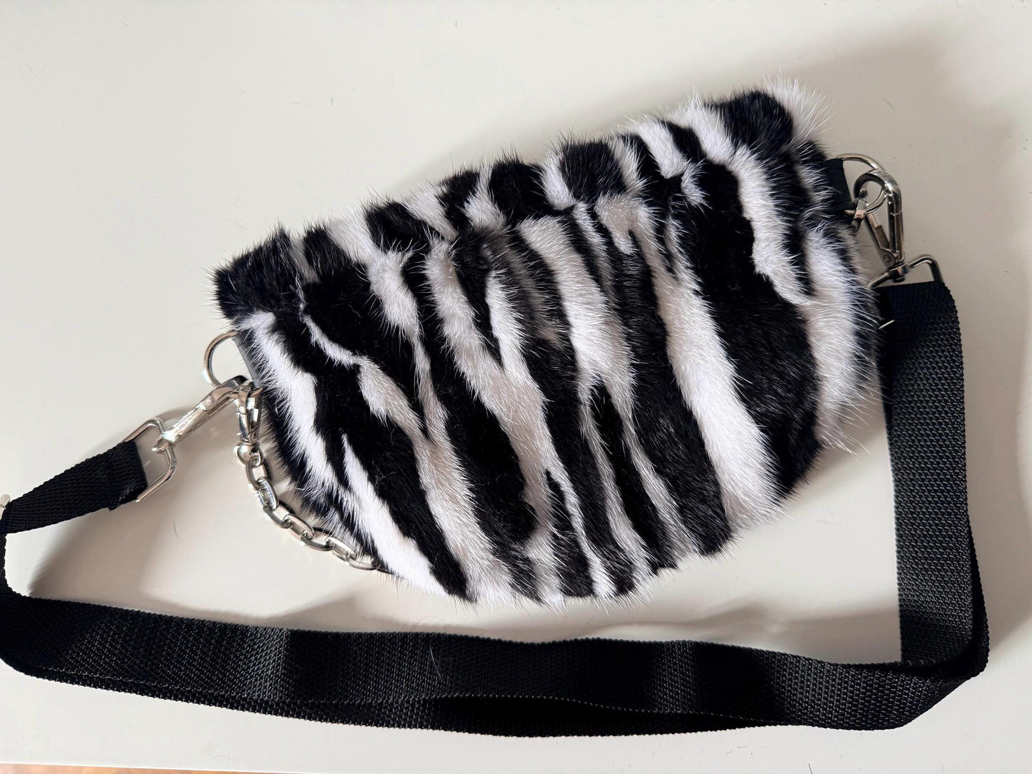Black and white Mink Fur Bumbag with Chain: Luxury Fanny Pack