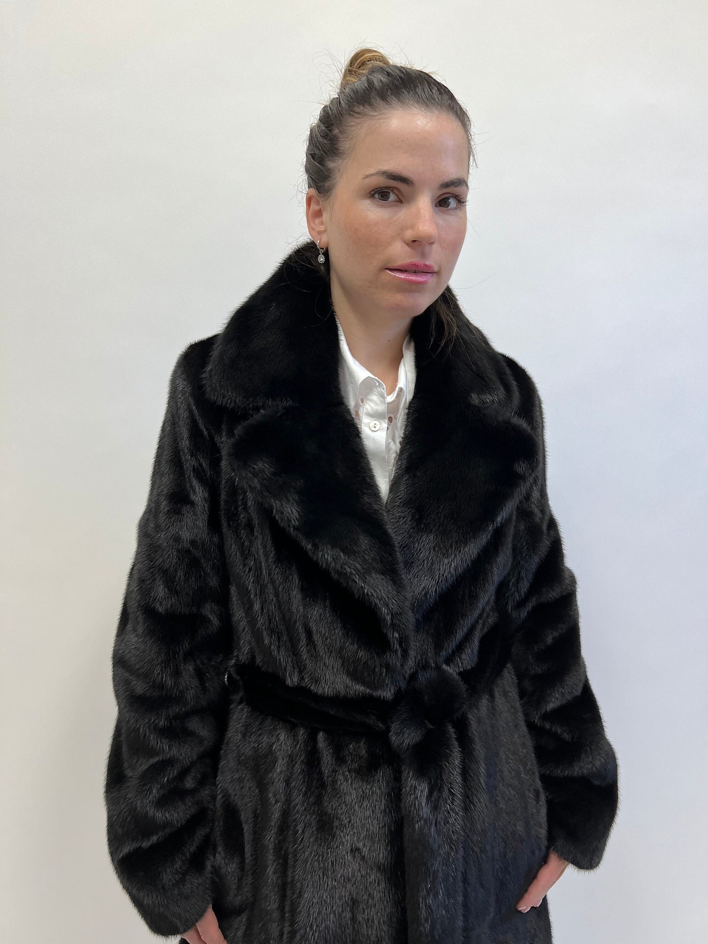 Handmade Black Mink Fur Long Coat: Belted Luxury Outerwear