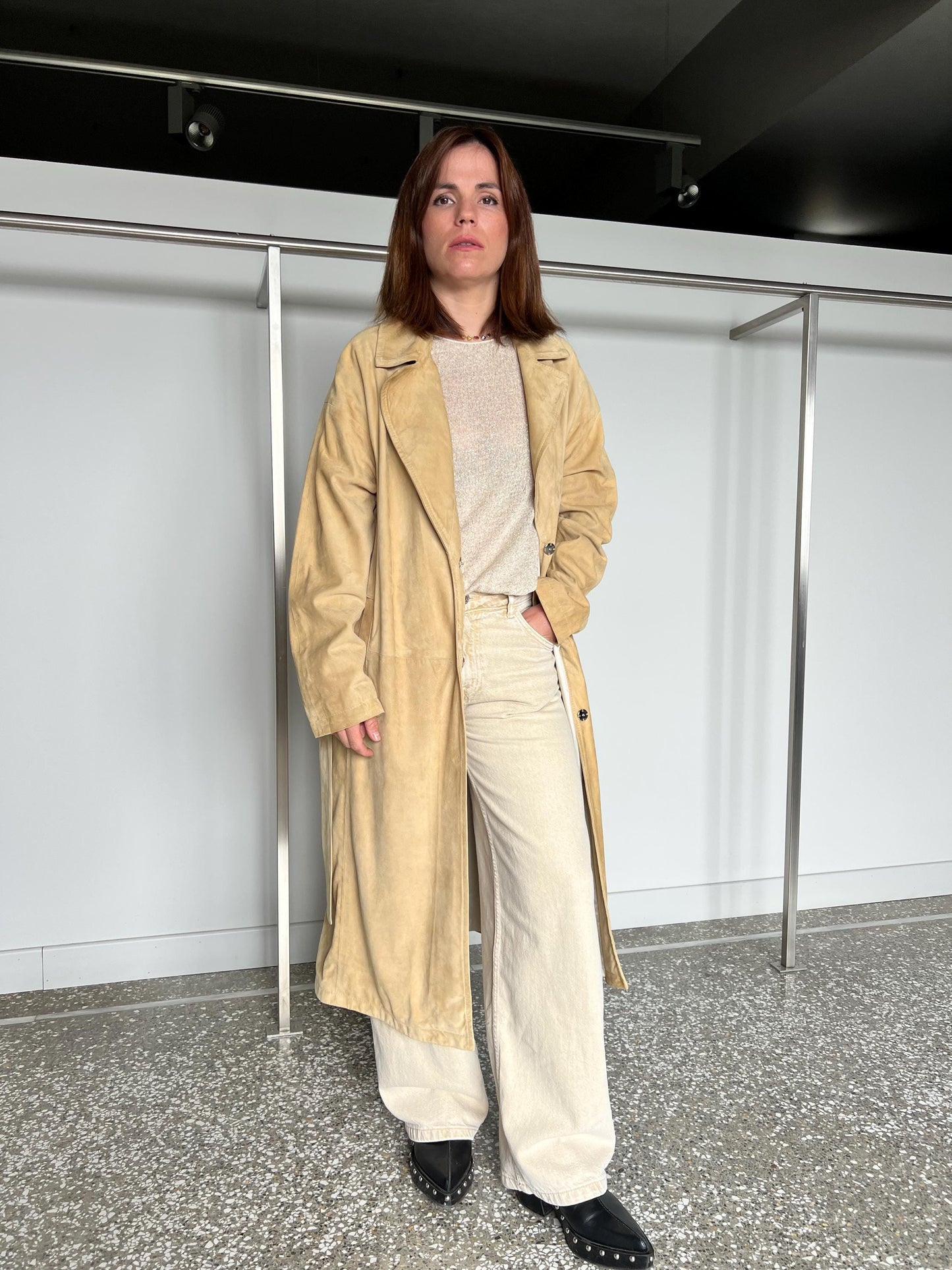Handmade Beige Suede Leather Coat: Distressed Genuine Leather, Size Large