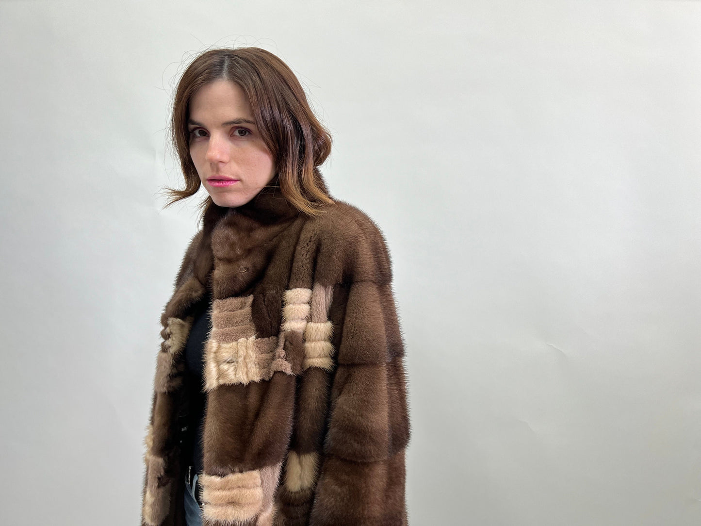 Intarsia Brown Mink Fur Coat - Saga Lightweight Zip-Up - Size Large