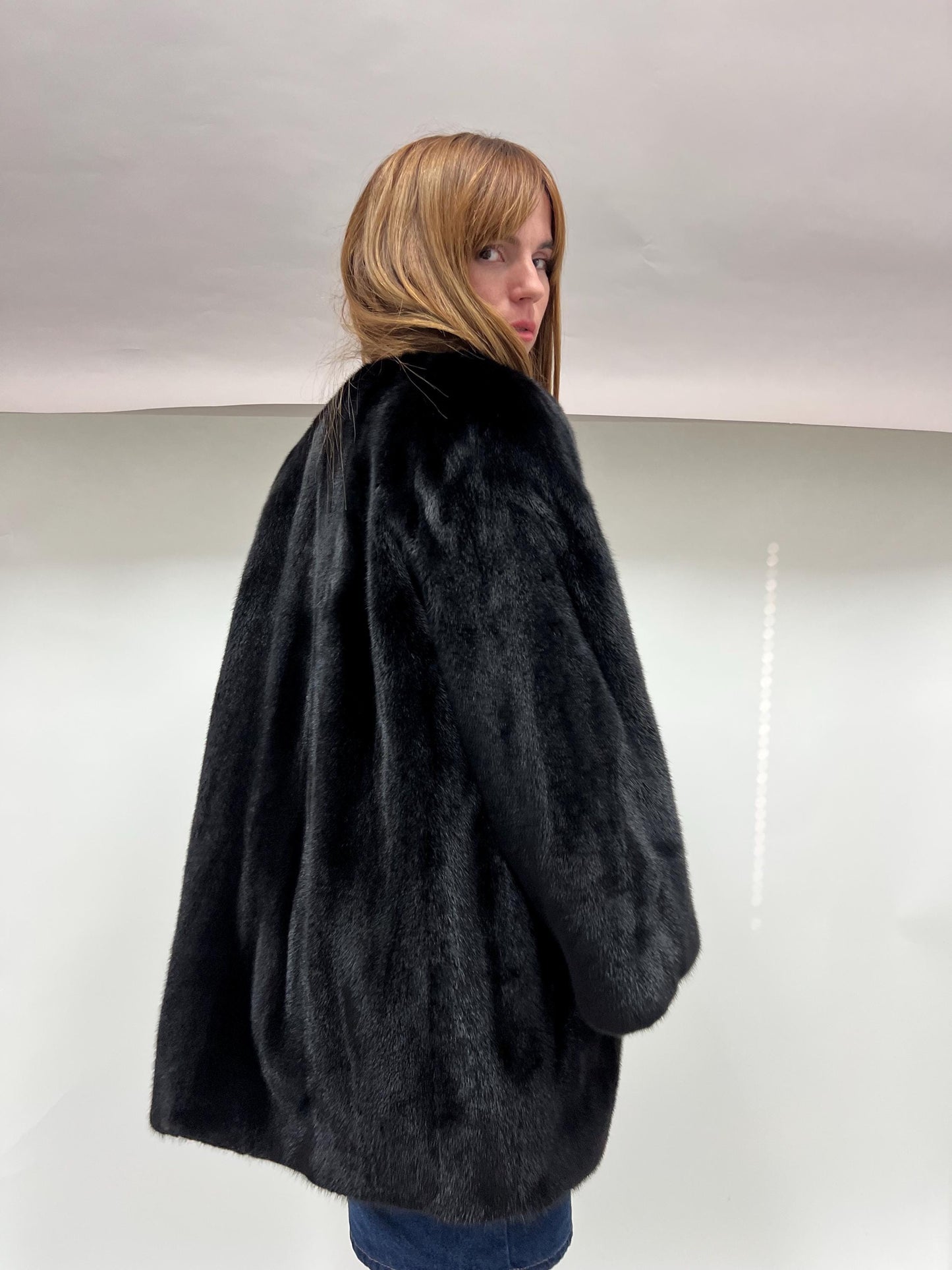 Black Velvet Mink Fur Robe Coat - Saga Pelts, Collarless