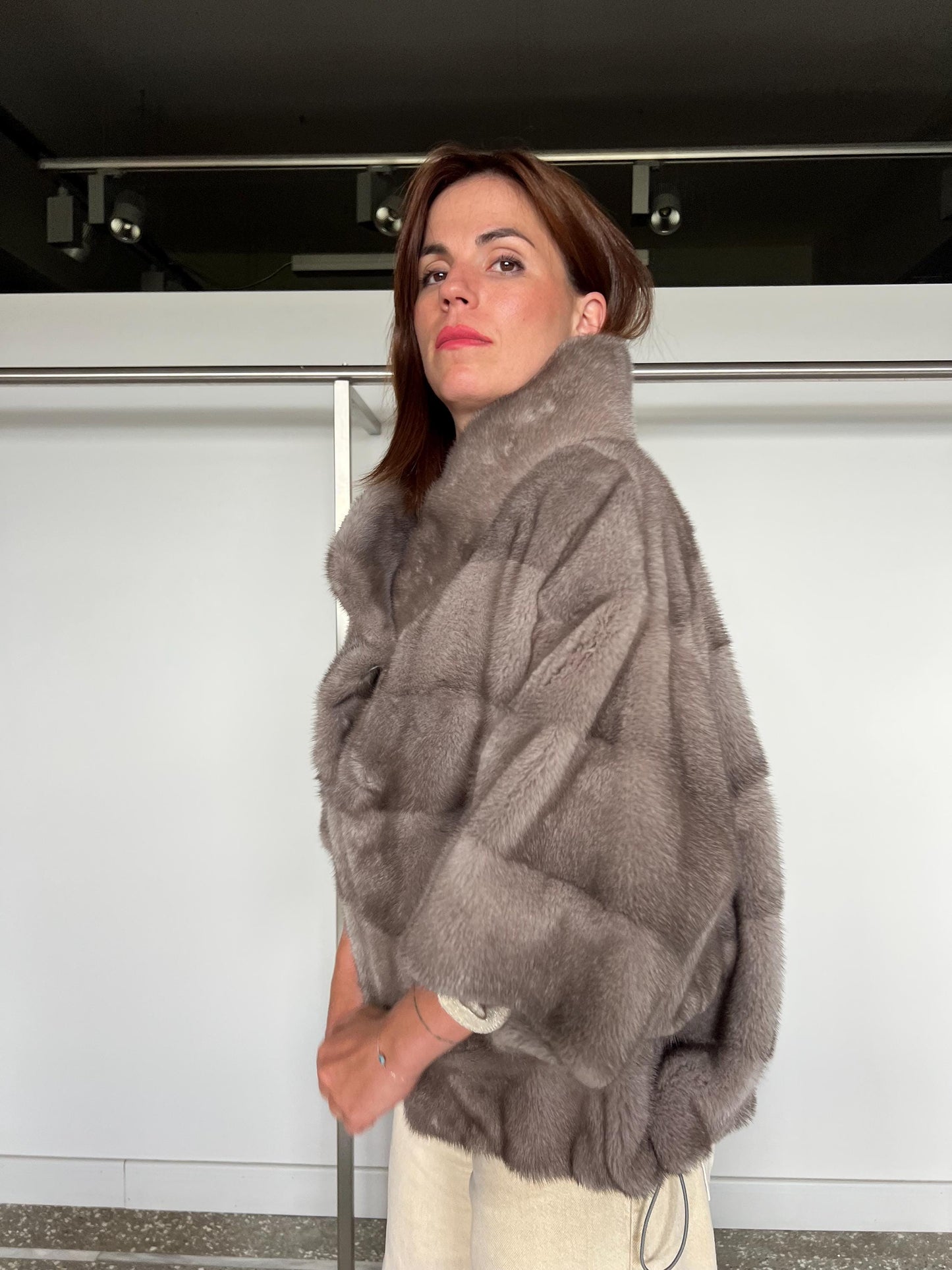 Handmade Silver Blue Mink Fur Cape: Oversized Jacket, Stand Up Collar