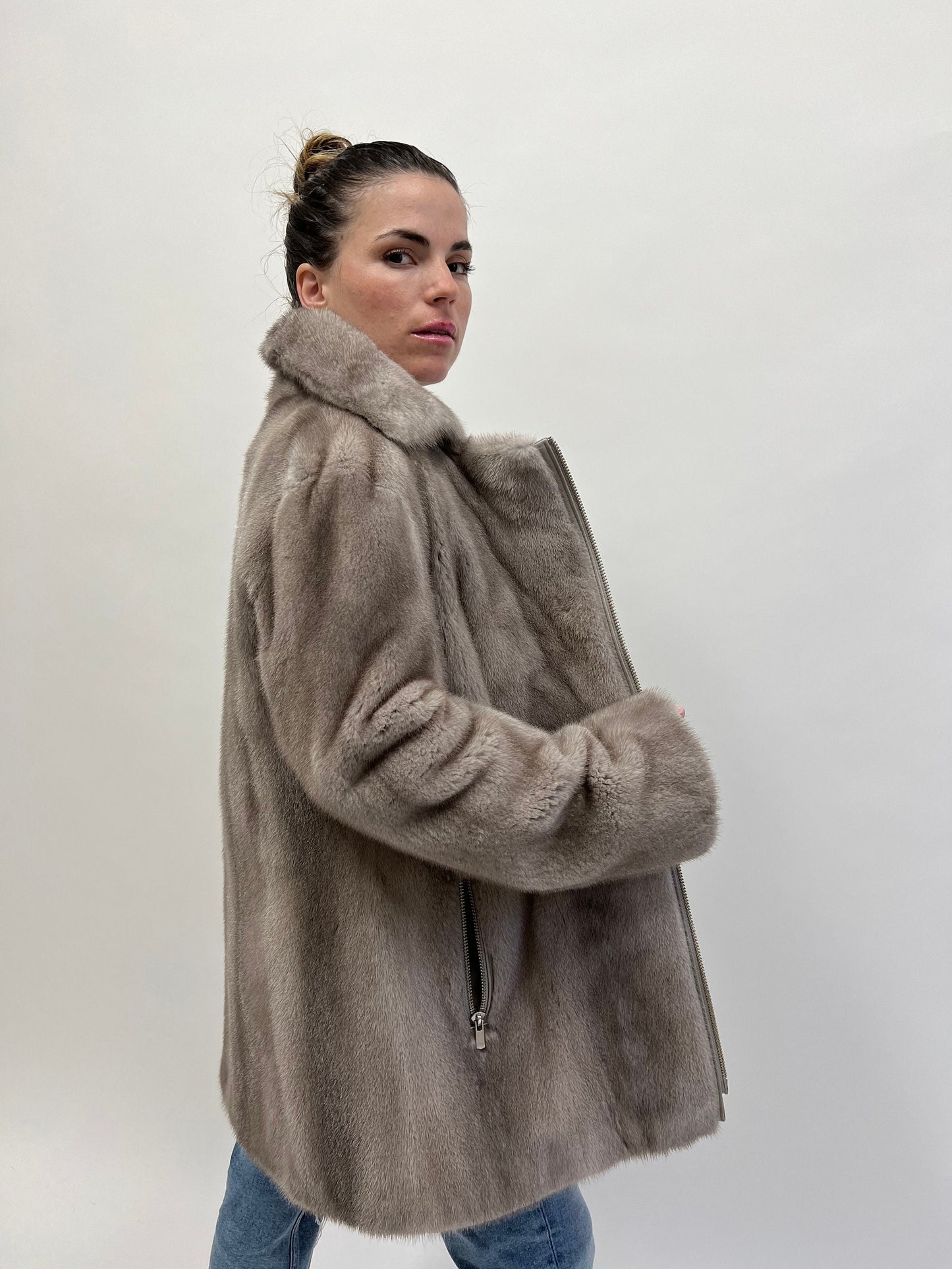 Silver Mink Fur Biker Jacket: Saga Mink, Handmade in Greece