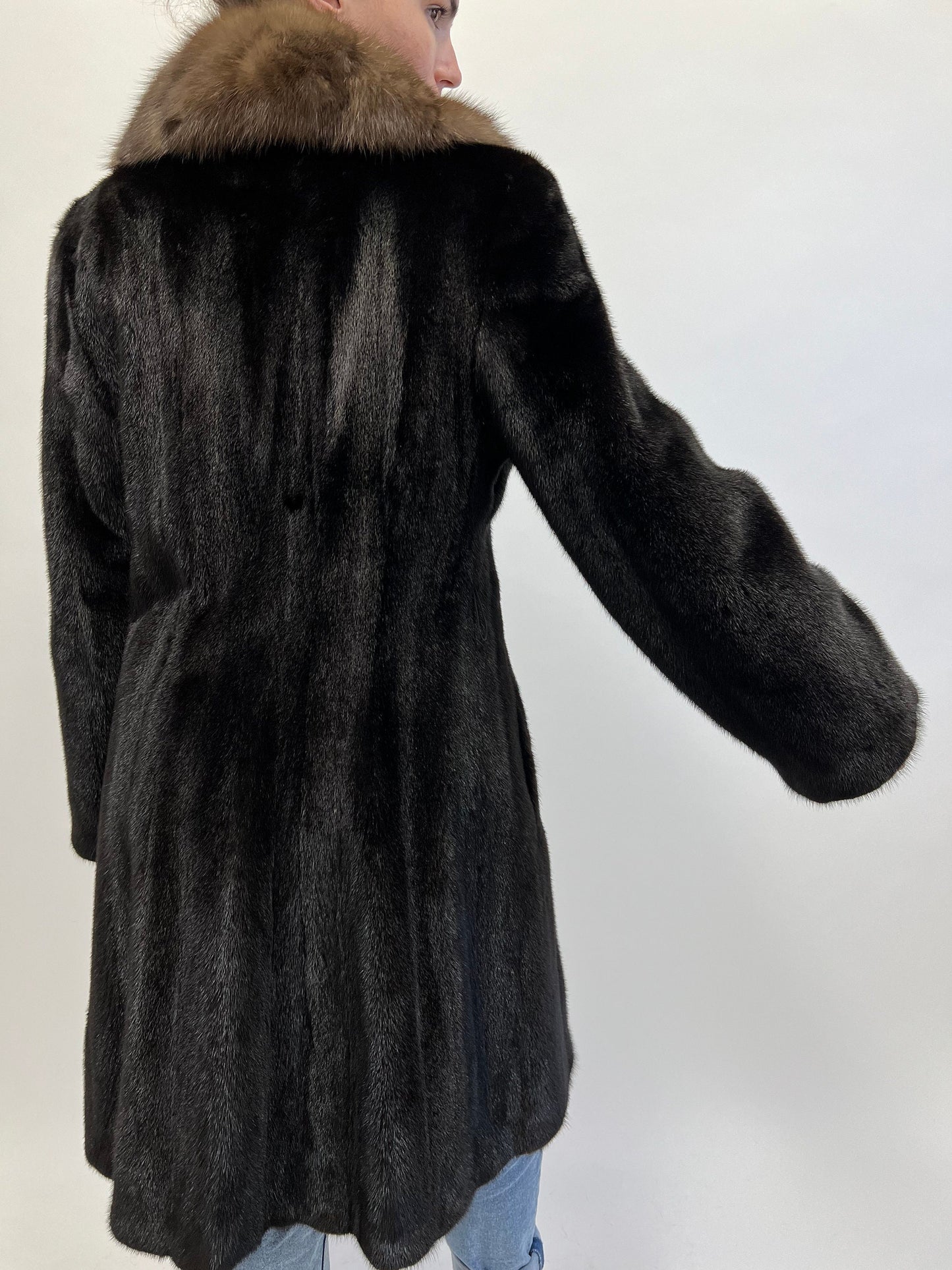 Handmade Black Mink Fur Long Coat with Sable Collar