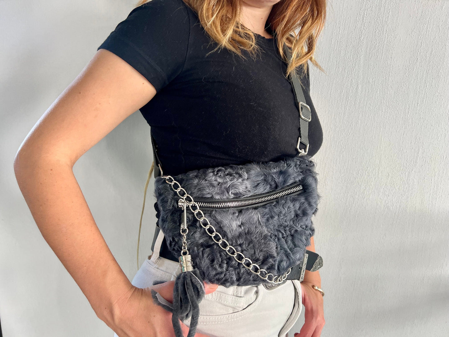 Graphite Lamb Fur Bumbag: Handmade Waist or Shoulder Bag
