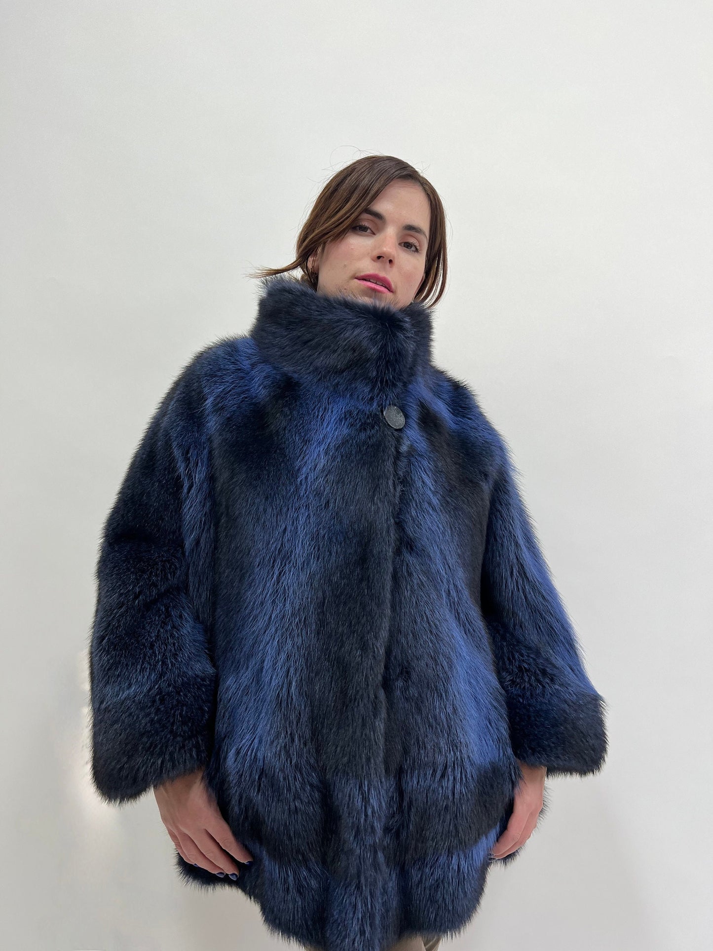 Blue Raccoon Fur Cape with Collar: Navy & Black Luxury Fur Gift