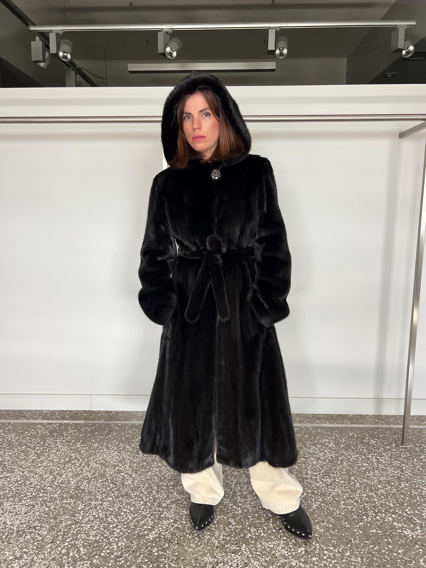 Handmade Black Mink Fur Coat: Hooded Godet Style, Belted