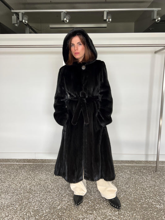 Handmade Black Mink Fur Coat: Hooded Godet Style, Belted