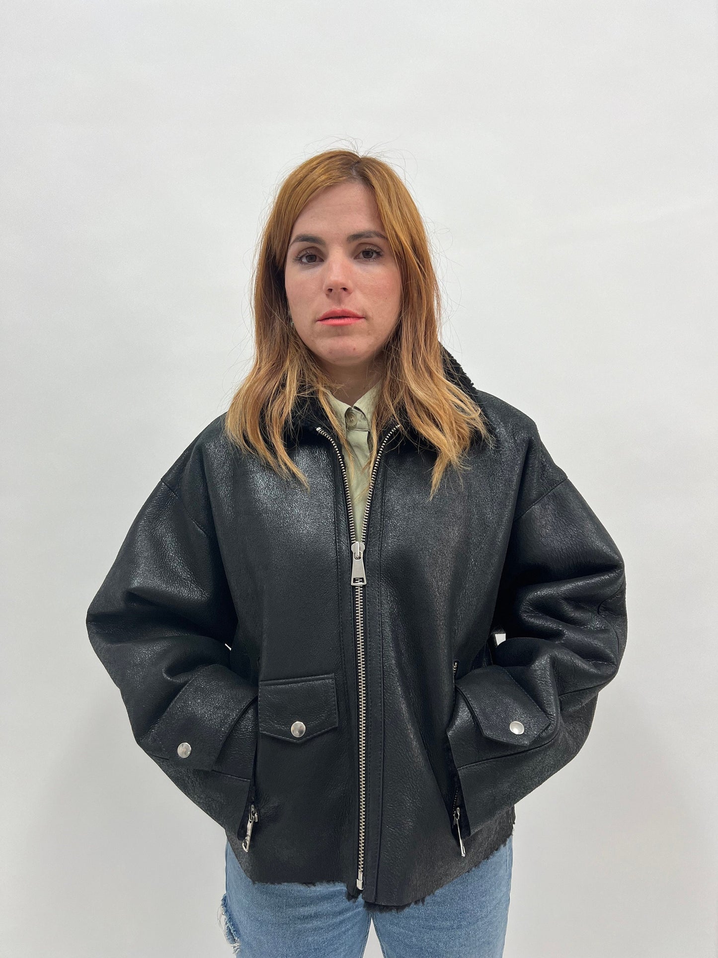 Handmade Black Shearling Fur Jacket: Cracked Leather Sheepskin Coat