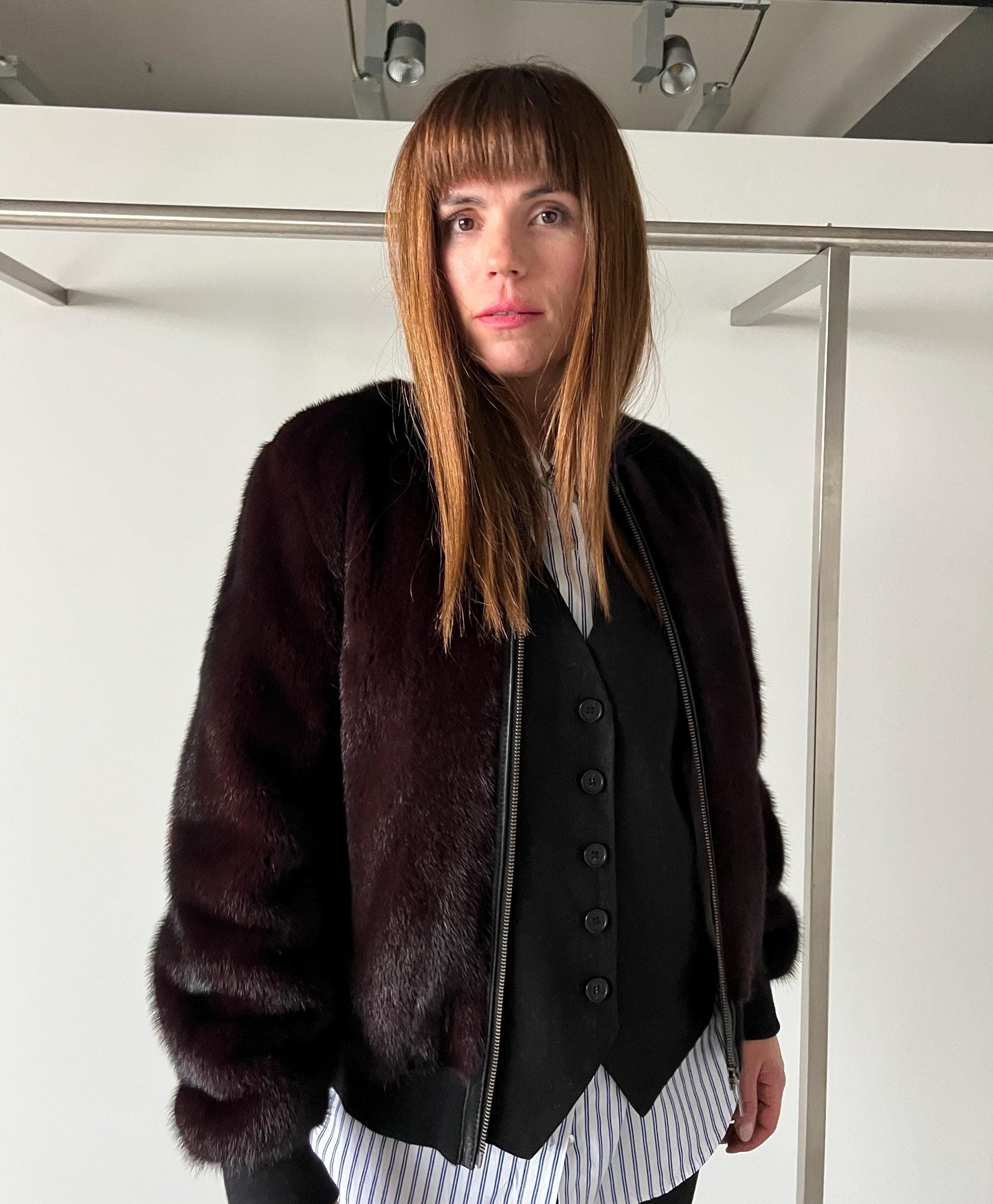 Burgundy Mink Fur Bomber Jacket: Elastic Hem, Silky Lining