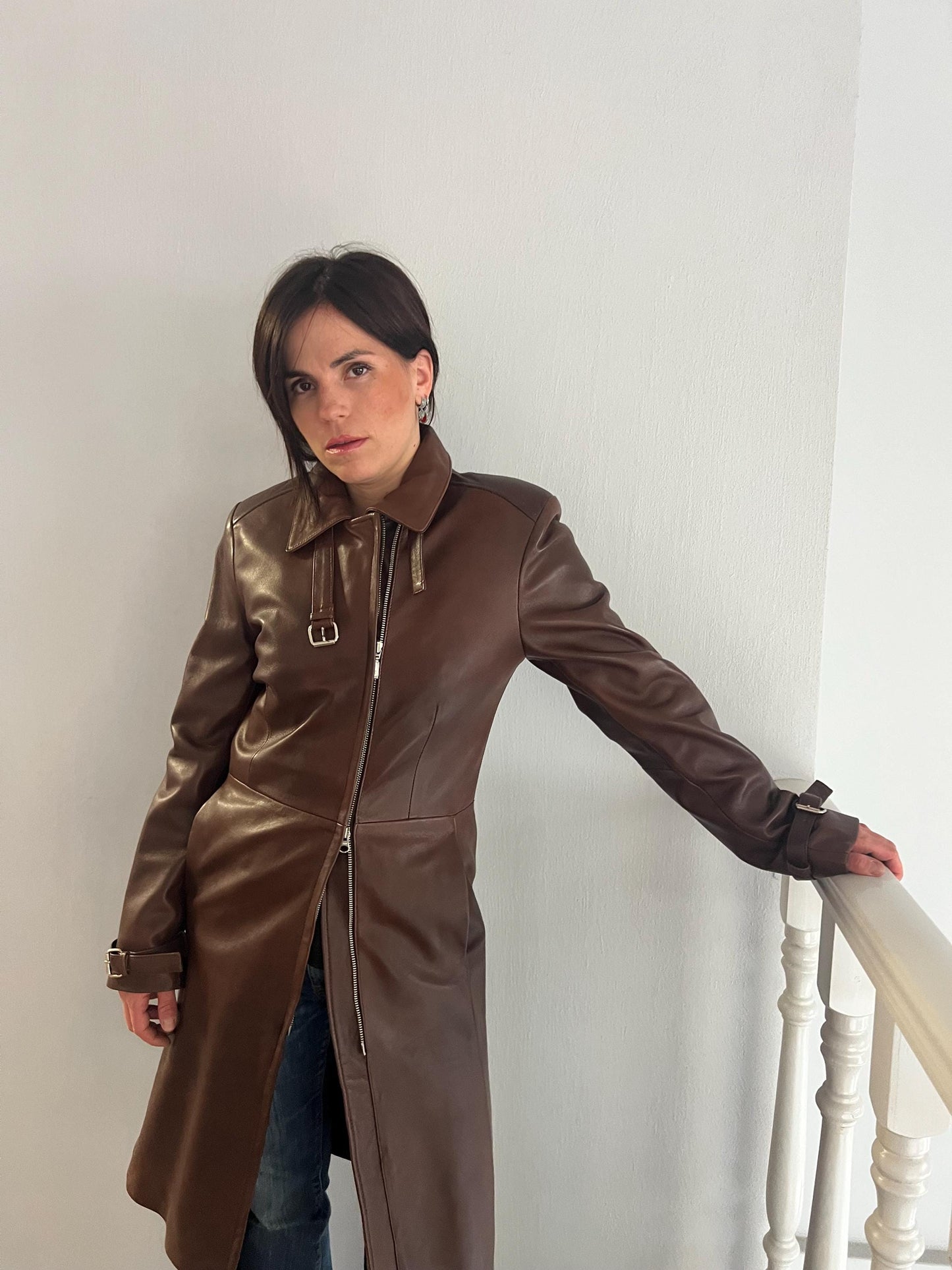 Handmade Nappa Lamb Leather Coat: Buttery Brown Tobacco Duster
