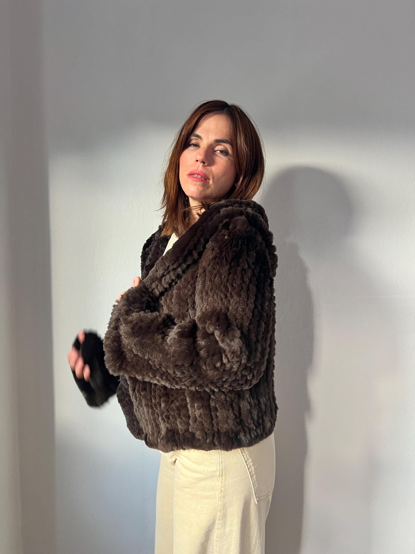Handwoven Brown Rabbit Fur Hooded Jacket - Frog Closure