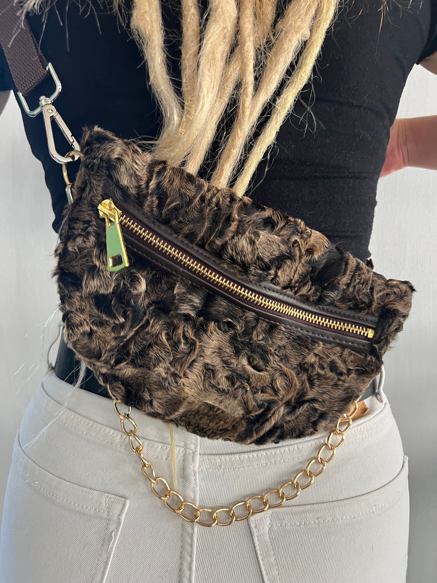 Real Mink Fur Bumbag: Brown Fanny Pack with Chain