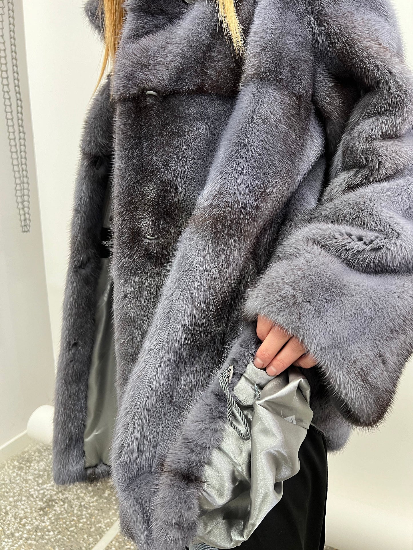 Grey Saga Mink Fur Jacket: Real Silver Cross Pelt, Handmade in Greece